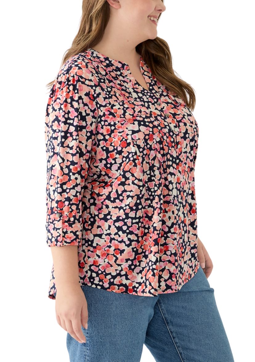 Plus Size Printed Knit Henley Top