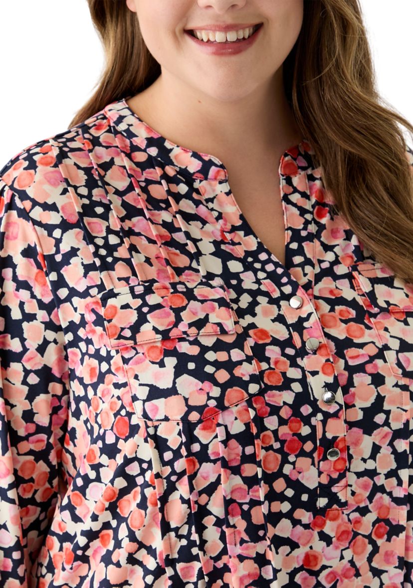 Plus Size Printed Knit Henley Top