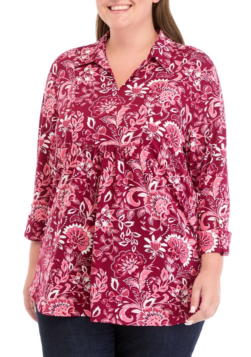 Plus Size Printed Collar Blouse