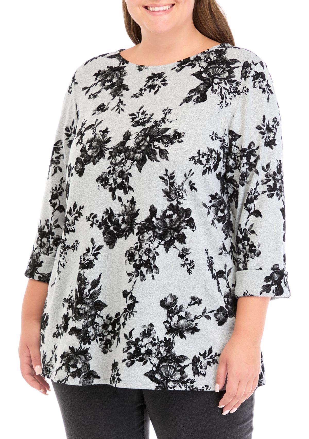 Plus Sized Flocked Printed Swing Knit Sweater