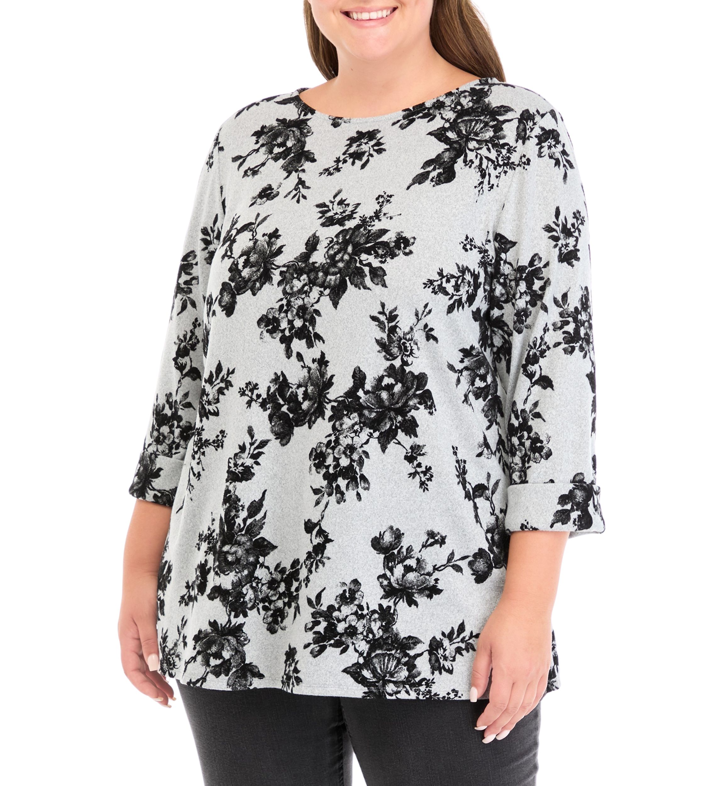 Plus Sized Flocked Printed Swing Knit Sweater