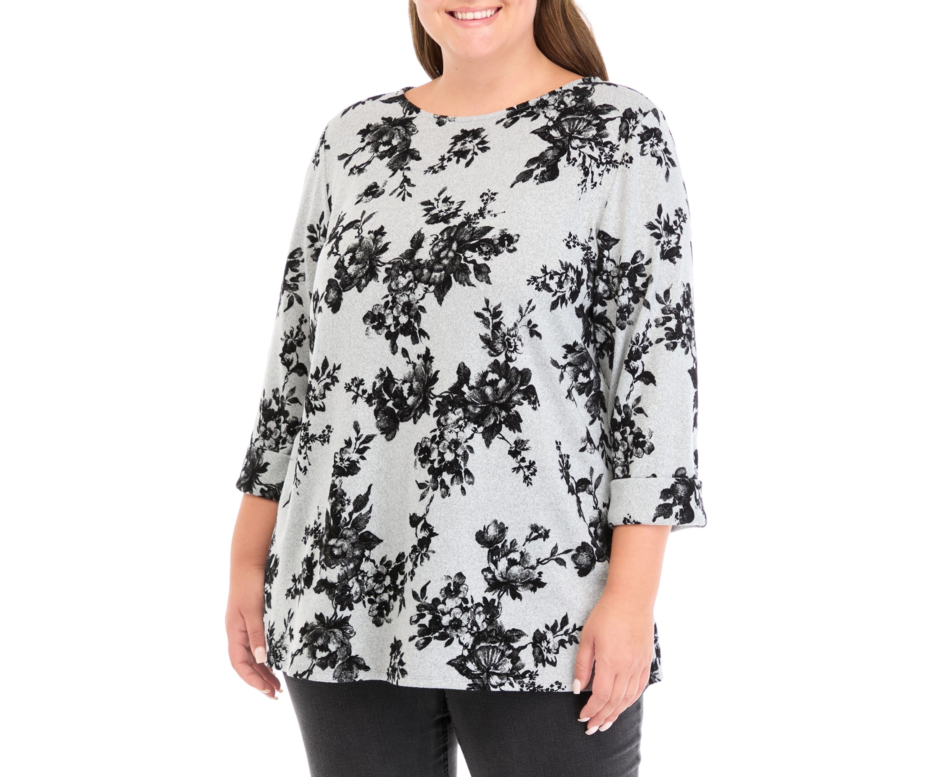 Plus Sized Flocked Printed Swing Knit Sweater