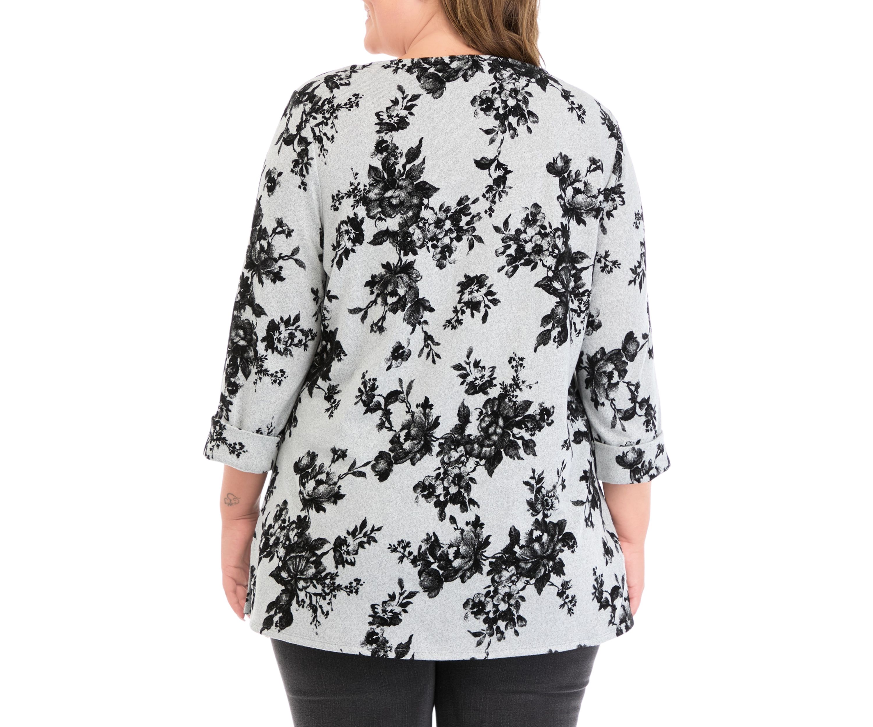 Plus Sized Flocked Printed Swing Knit Sweater