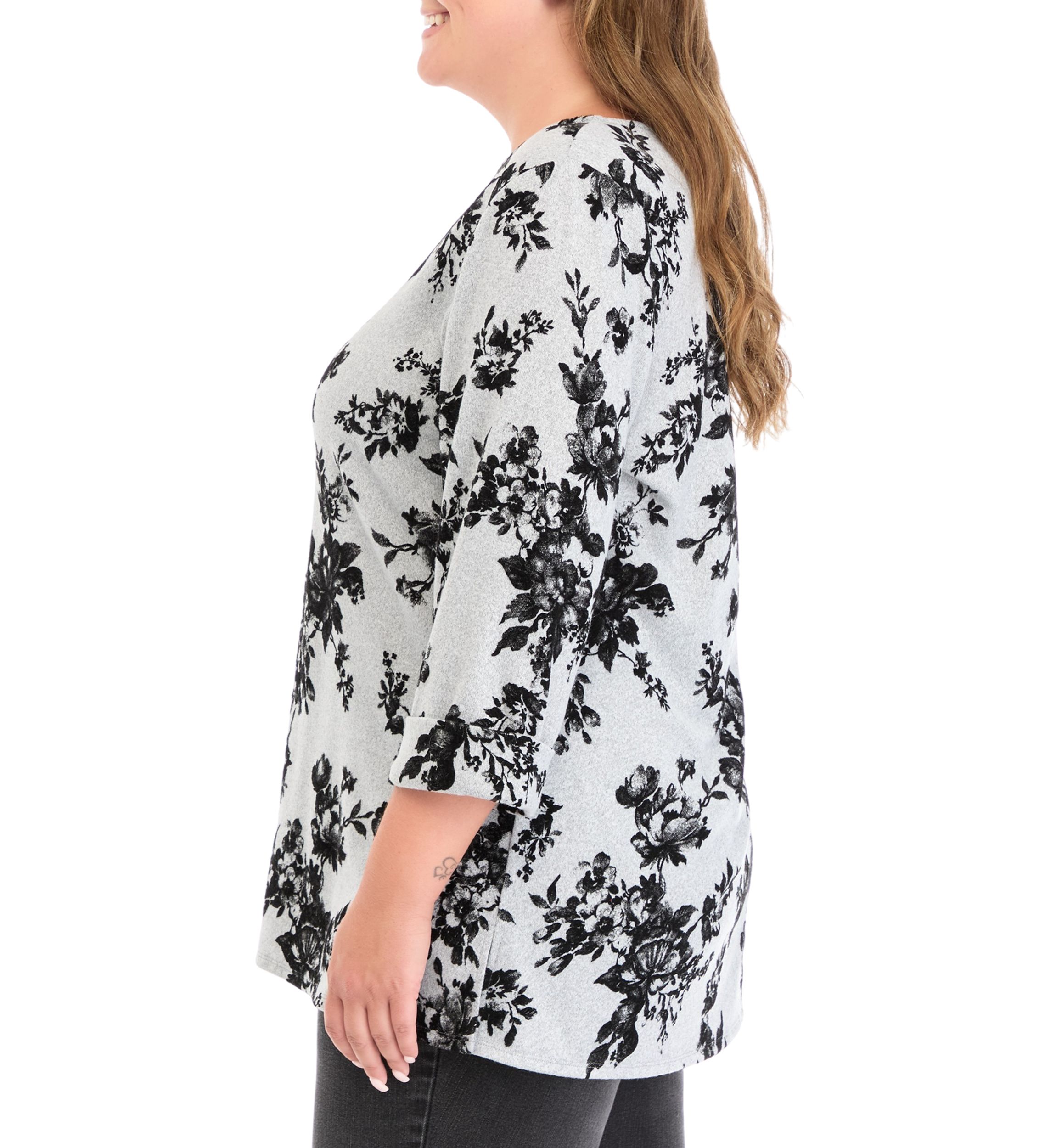Plus Sized Flocked Printed Swing Knit Sweater