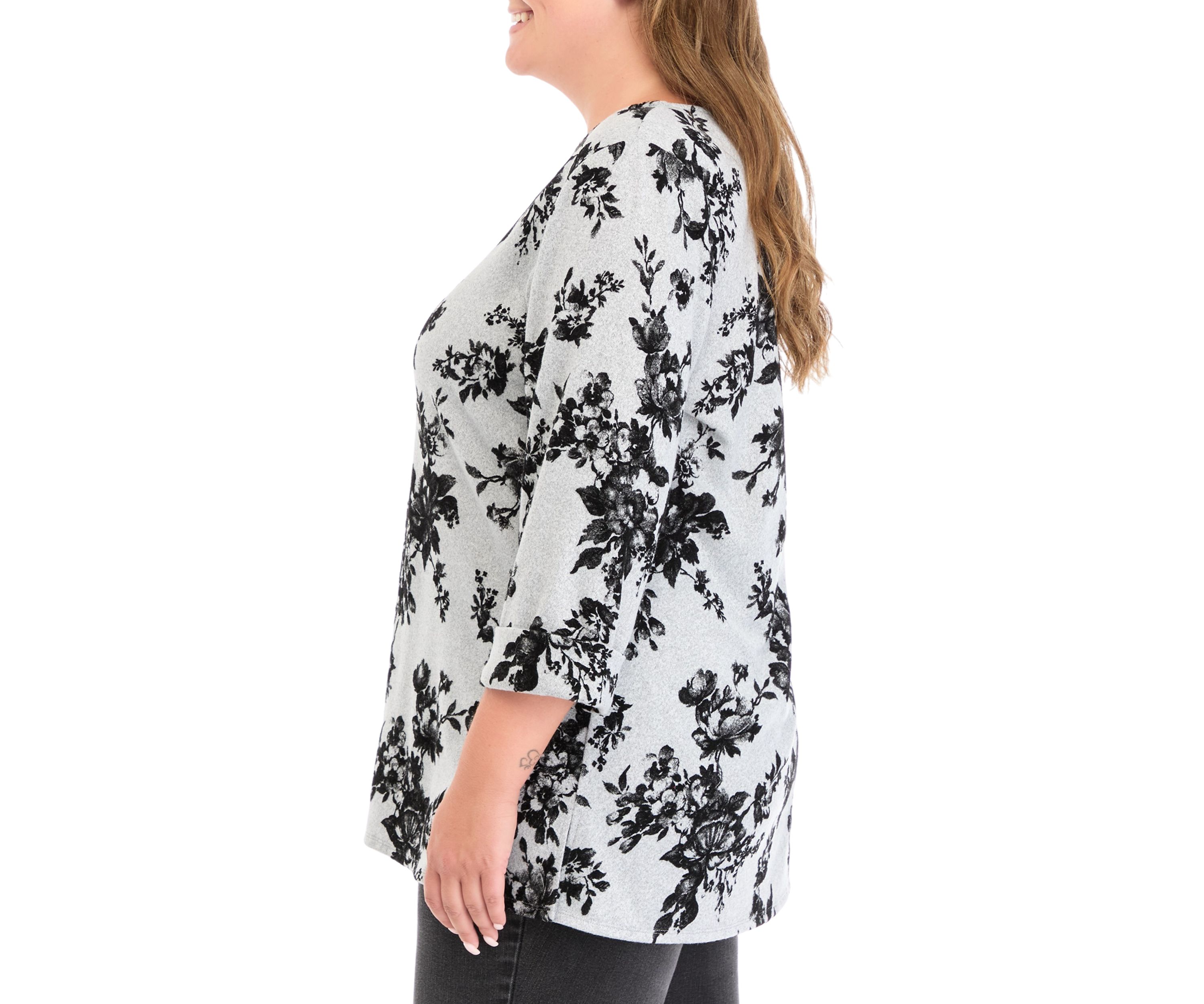 Plus Sized Flocked Printed Swing Knit Sweater
