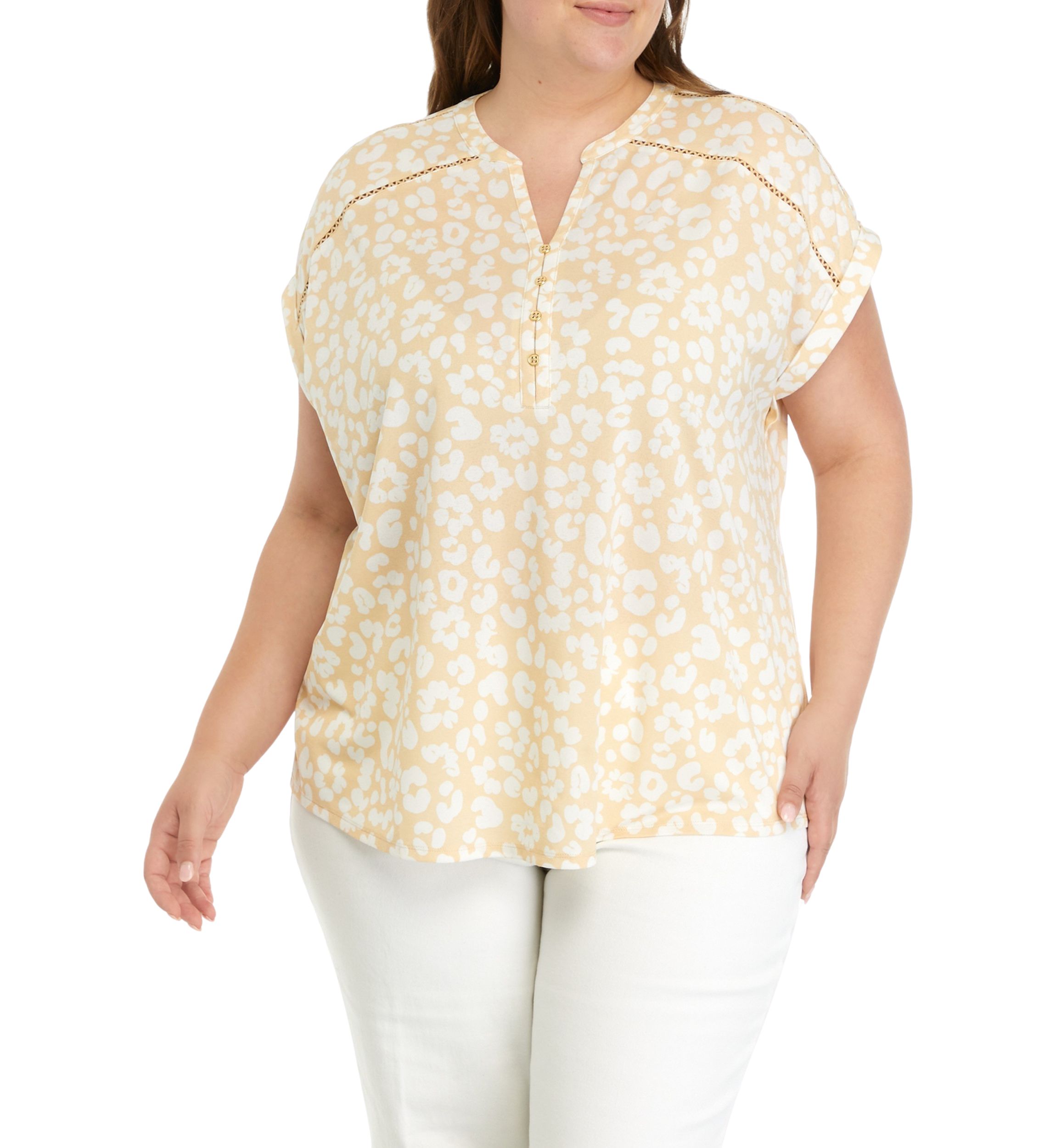 Plus Size Printed Split Neck Top