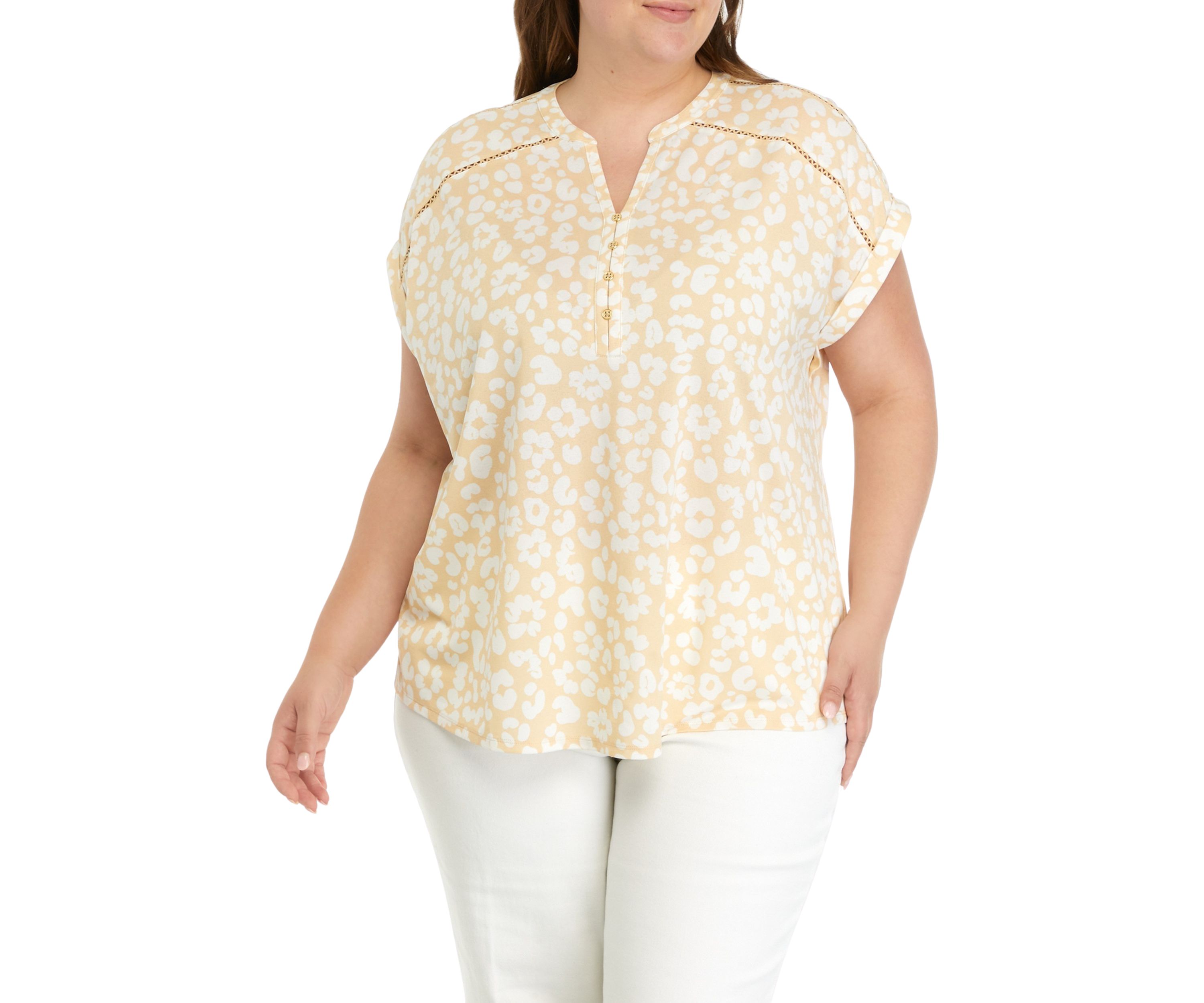 Plus Size Printed Split Neck Top