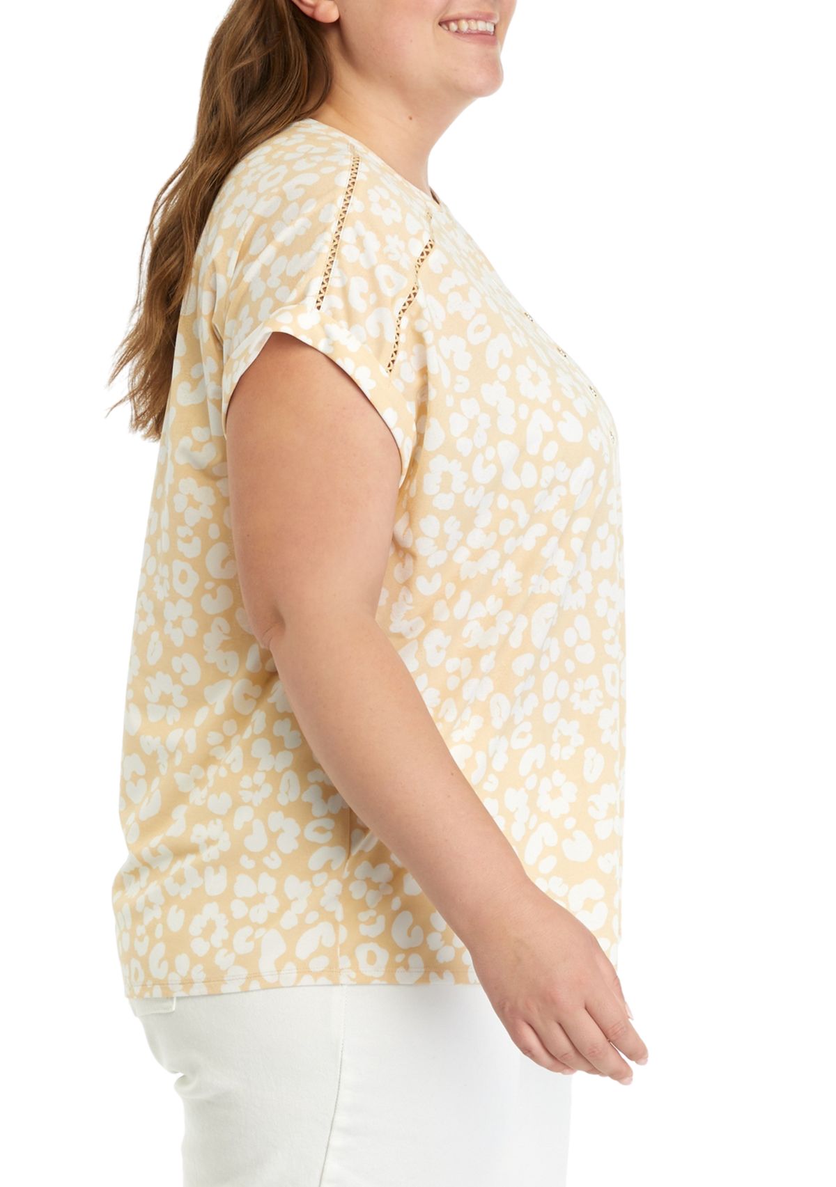 Plus Size Printed Split Neck Top