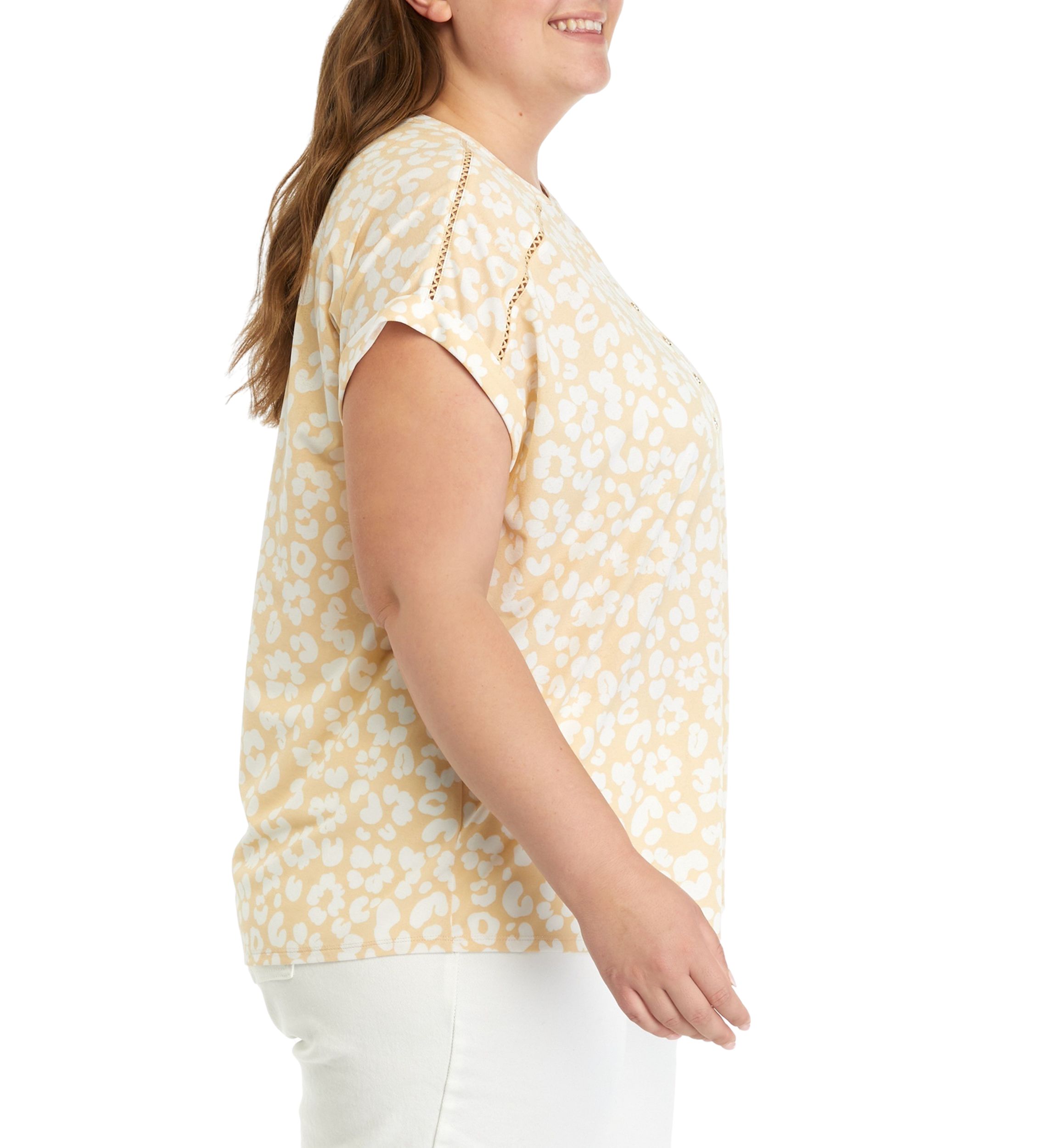 Plus Size Printed Split Neck Top