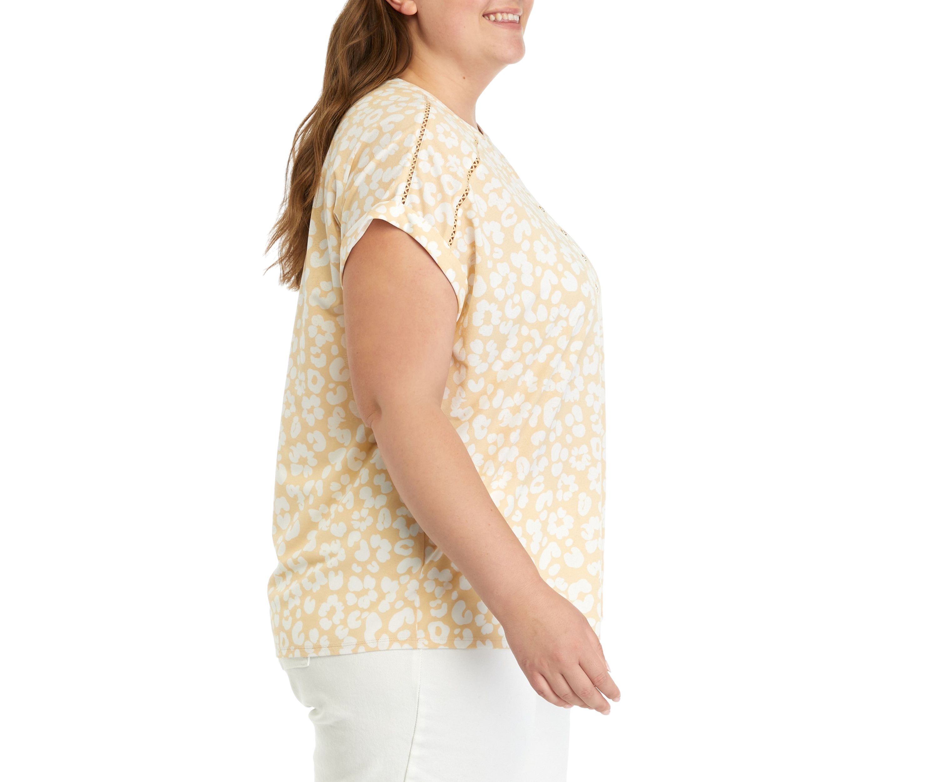 Plus Size Printed Split Neck Top