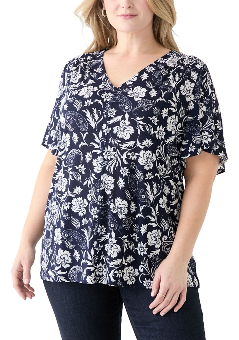 Plus Size Flutter Sleeve Button Front Top 