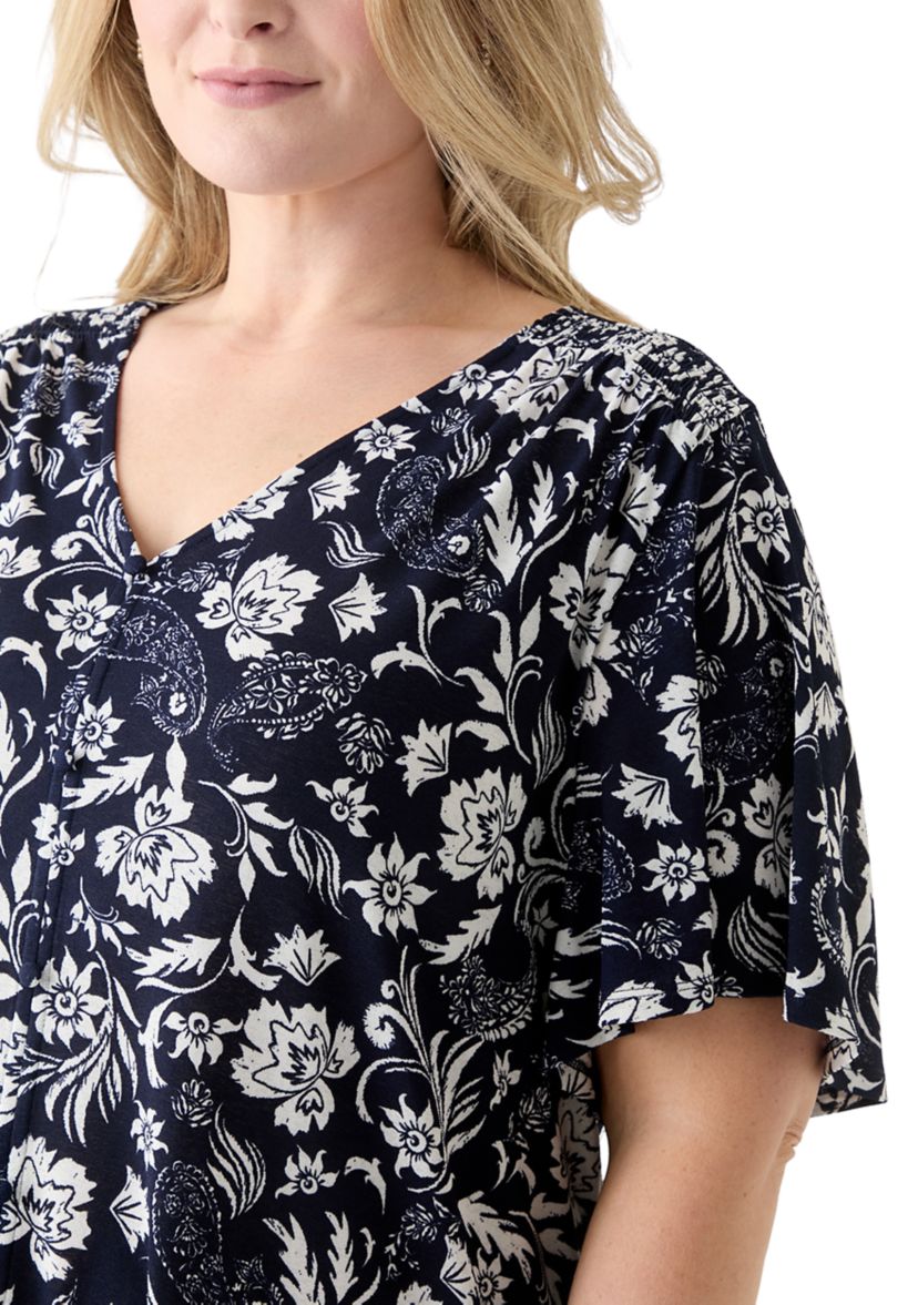 Plus Size Flutter Sleeve Button Front Top 