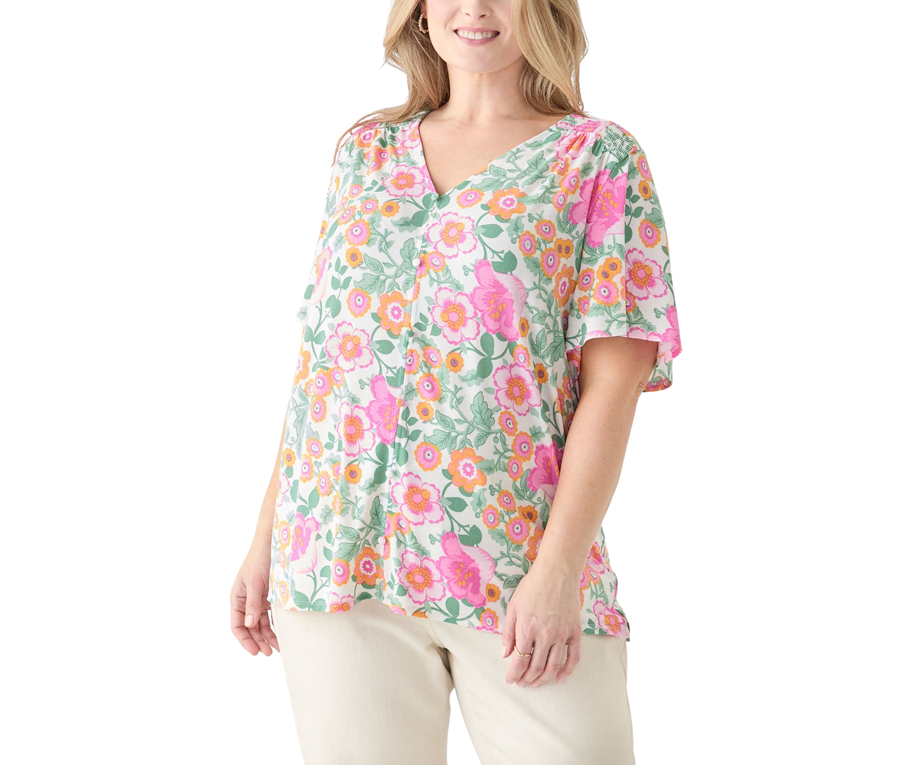 Plus Size Printed Button Front V-Neck Top