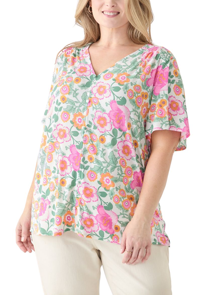 Plus Size Printed Button Front V-Neck Top