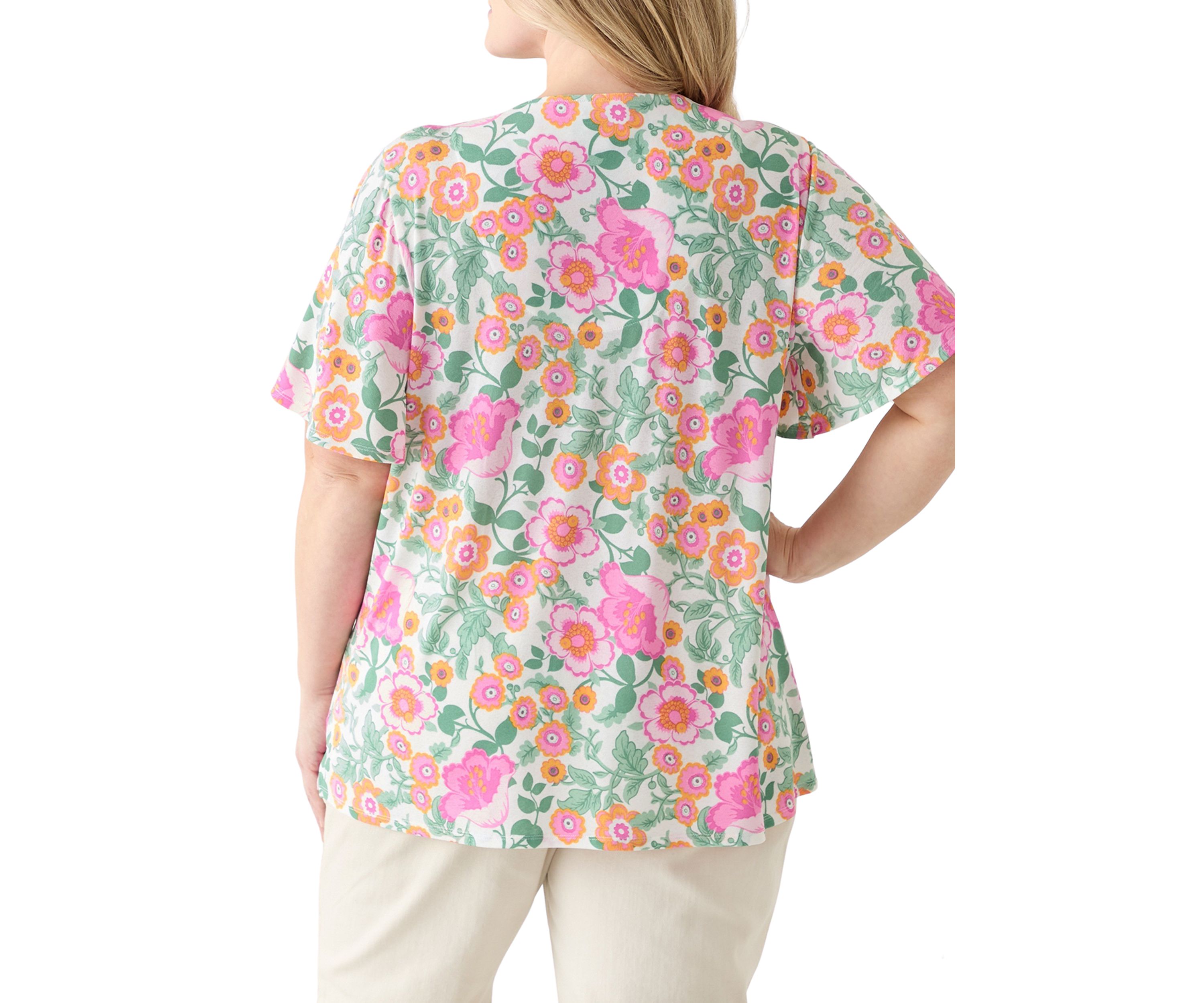 Plus Size Printed Button Front V-Neck Top