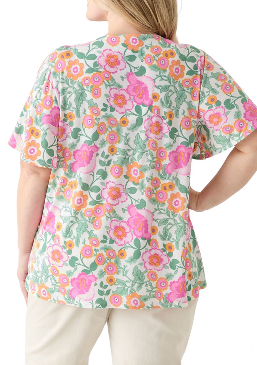 Plus Size Printed Button Front V-Neck Top