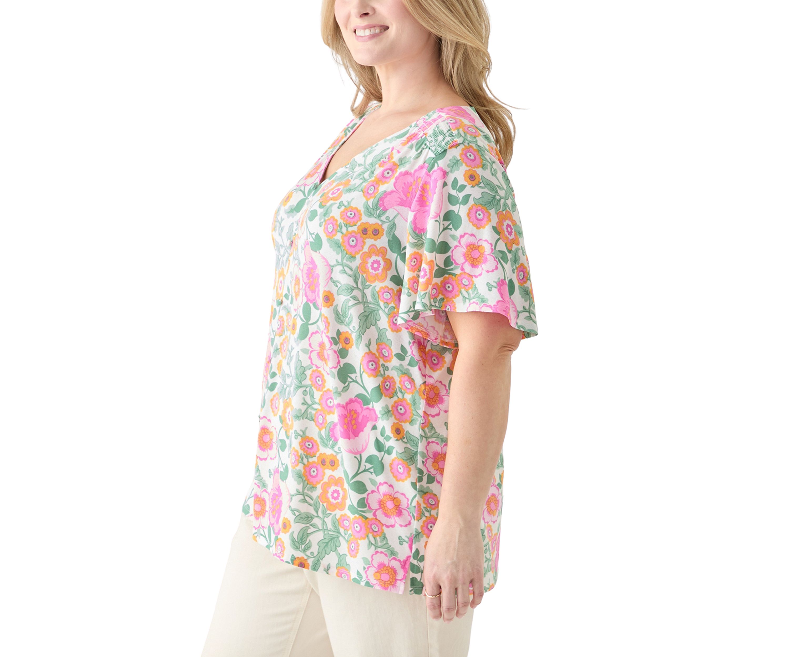 Plus Size Printed Button Front V-Neck Top