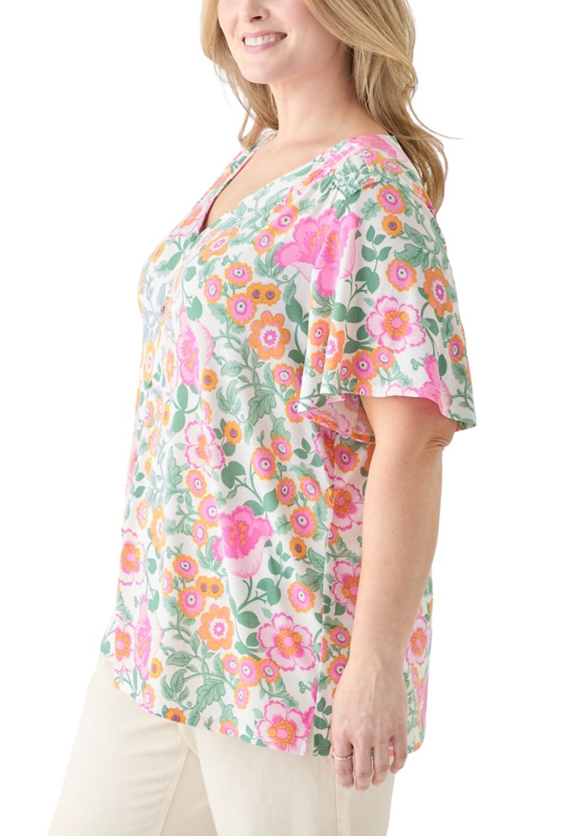 Plus Size Printed Button Front V-Neck Top