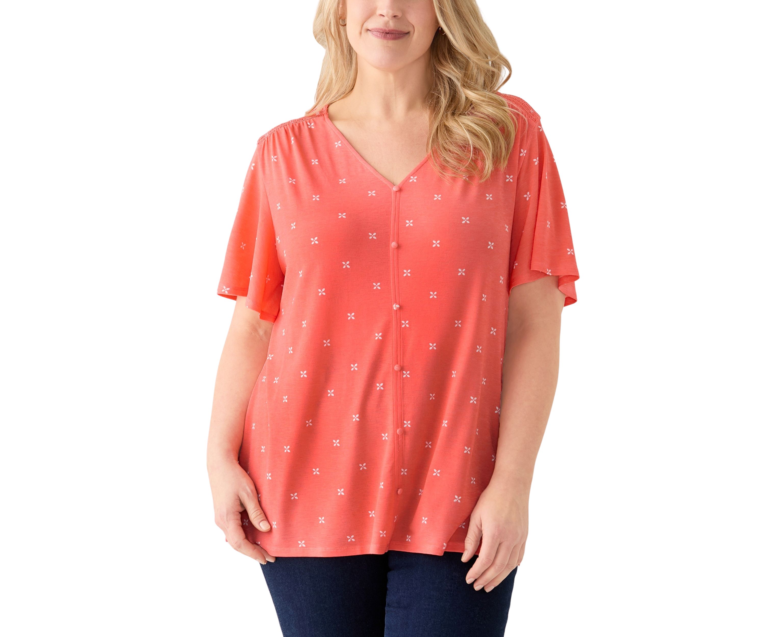 Plus Size Flutter Sleeve Button Front V-Neck Top
