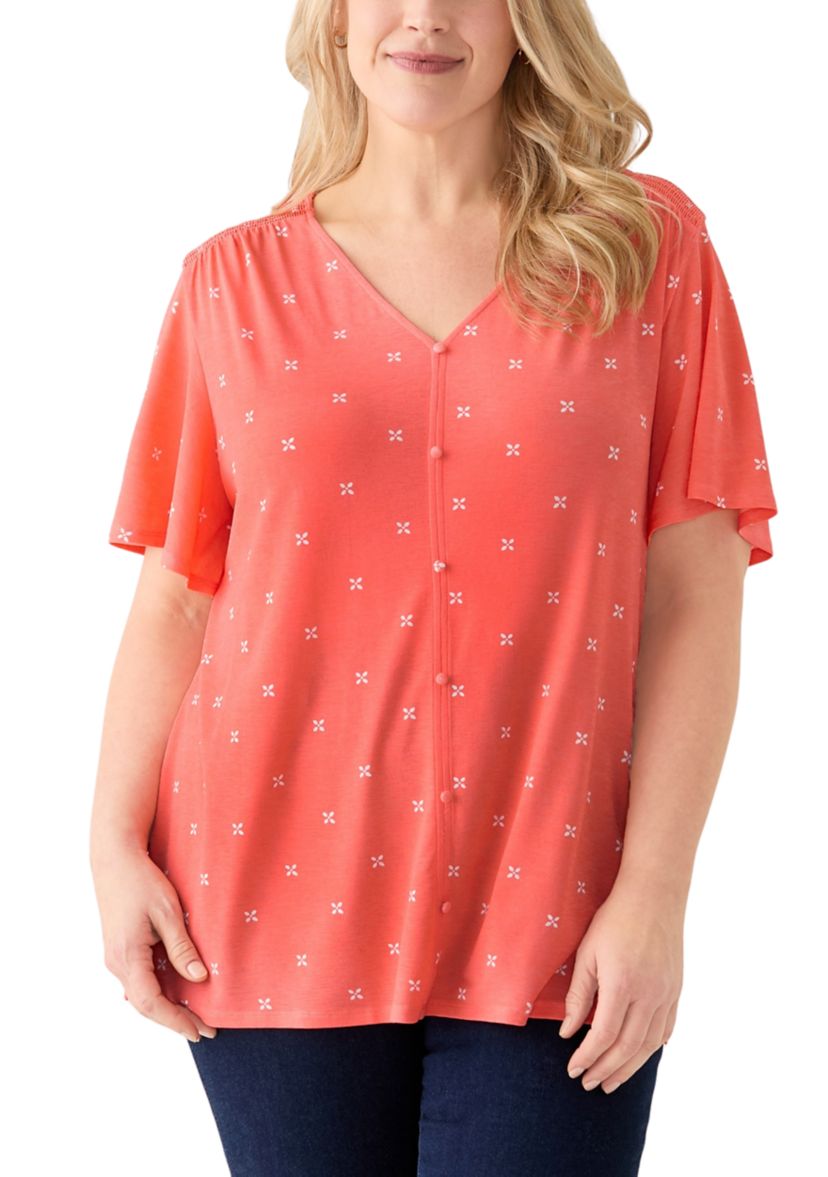 Plus Size Flutter Sleeve Button Front V-Neck Top