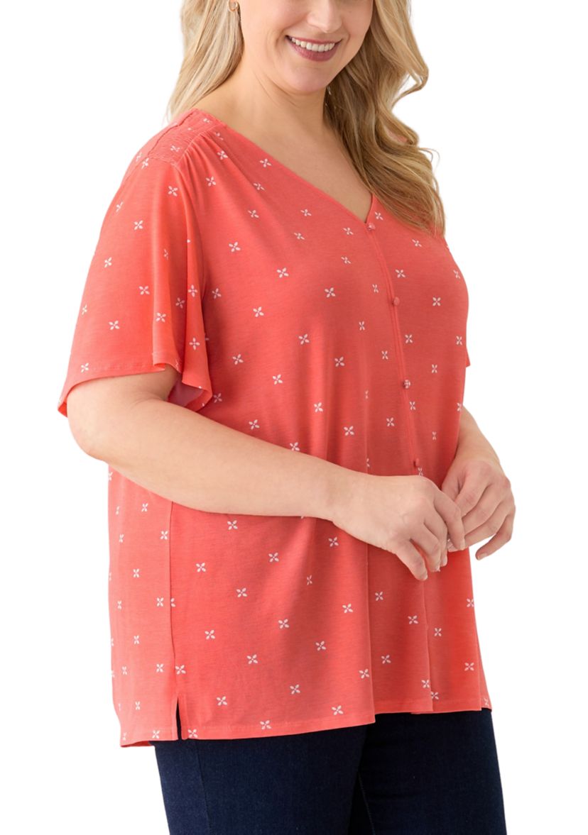 Plus Size Flutter Sleeve Button Front V-Neck Top