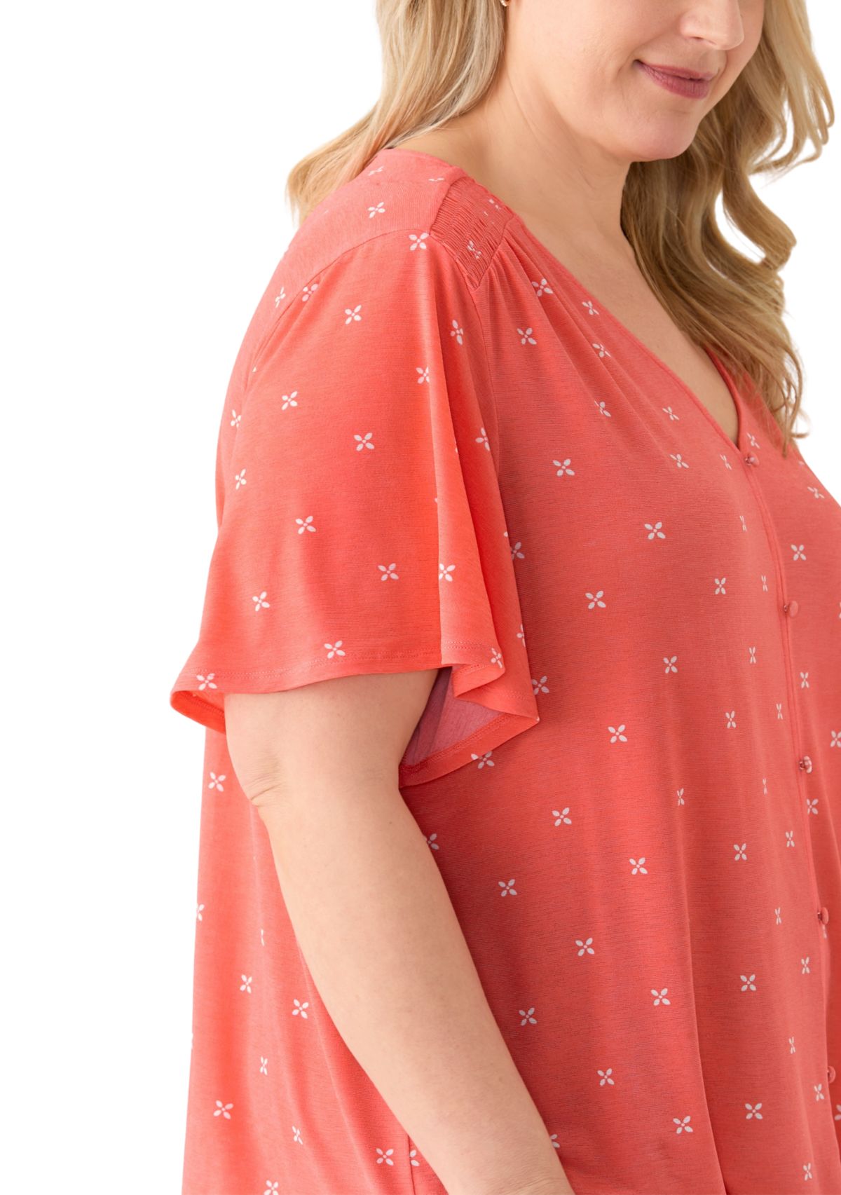 Plus Size Flutter Sleeve Button Front V-Neck Top