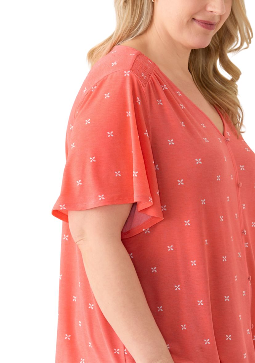 Plus Size Flutter Sleeve Button Front V-Neck Top