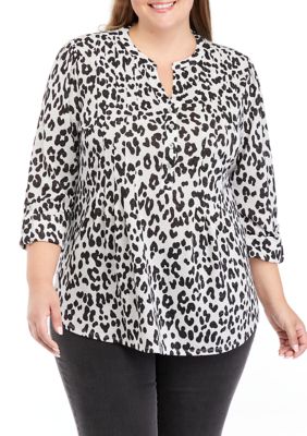 Alfani Plus Size Black Grey Printed Bubble-Hem Blouse 0X 