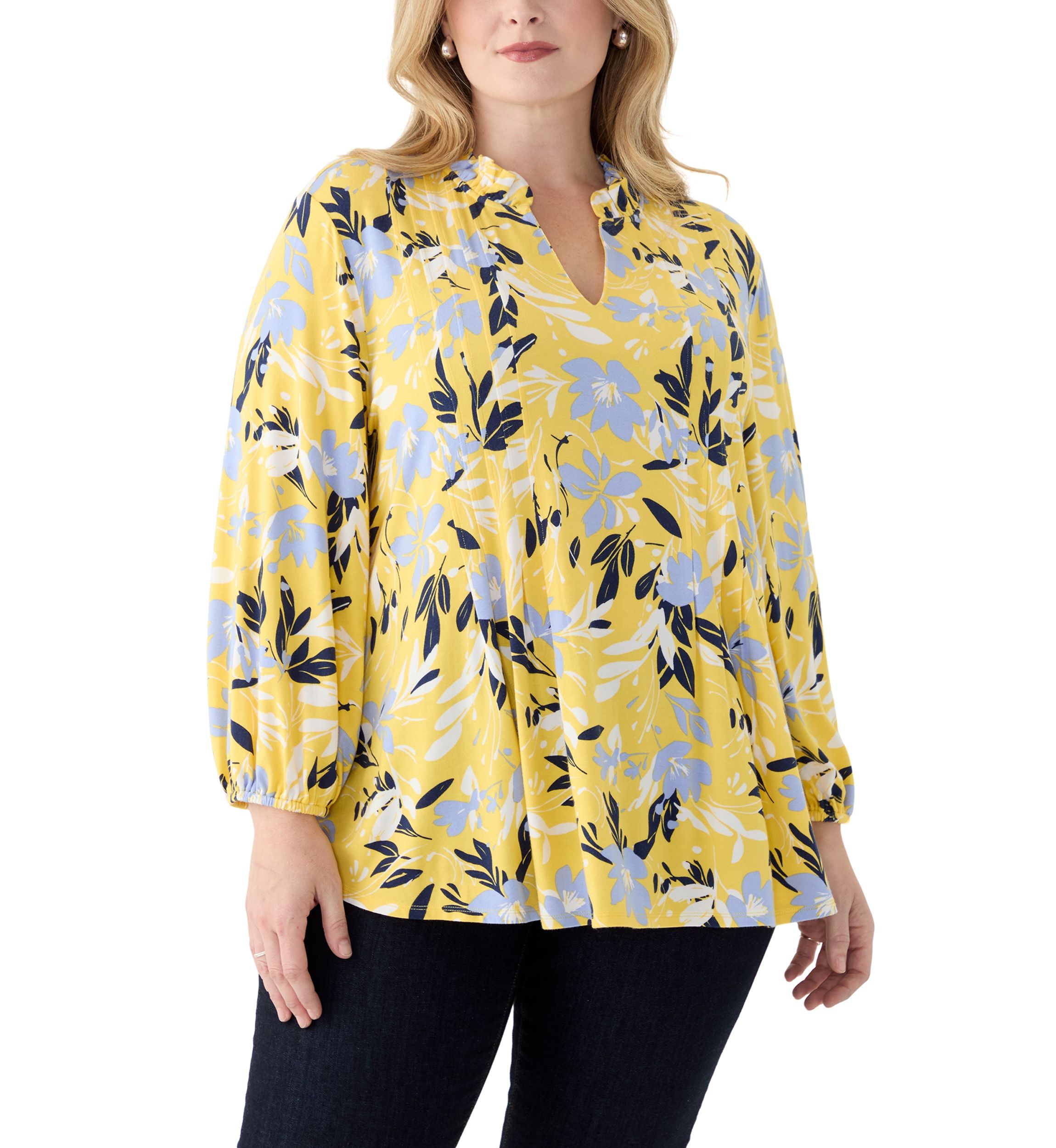 Plus Size 3/4 Sleeve Split Neck Printed Peasant Top 