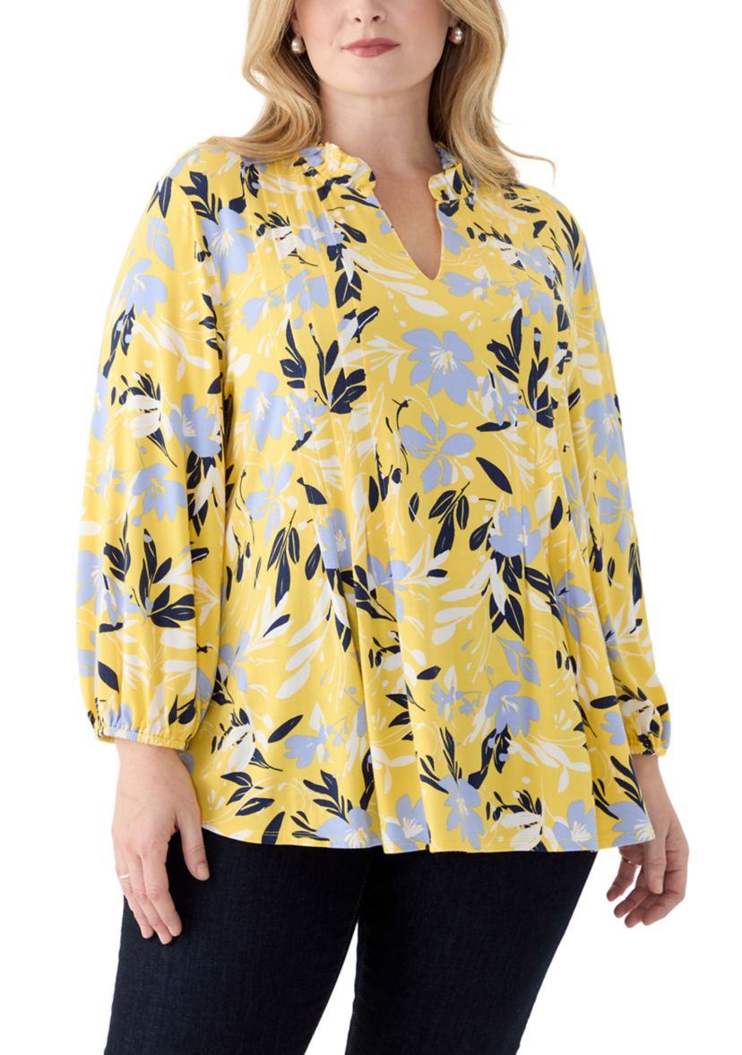 Plus Size 3/4 Sleeve Split Neck Printed Peasant Top 