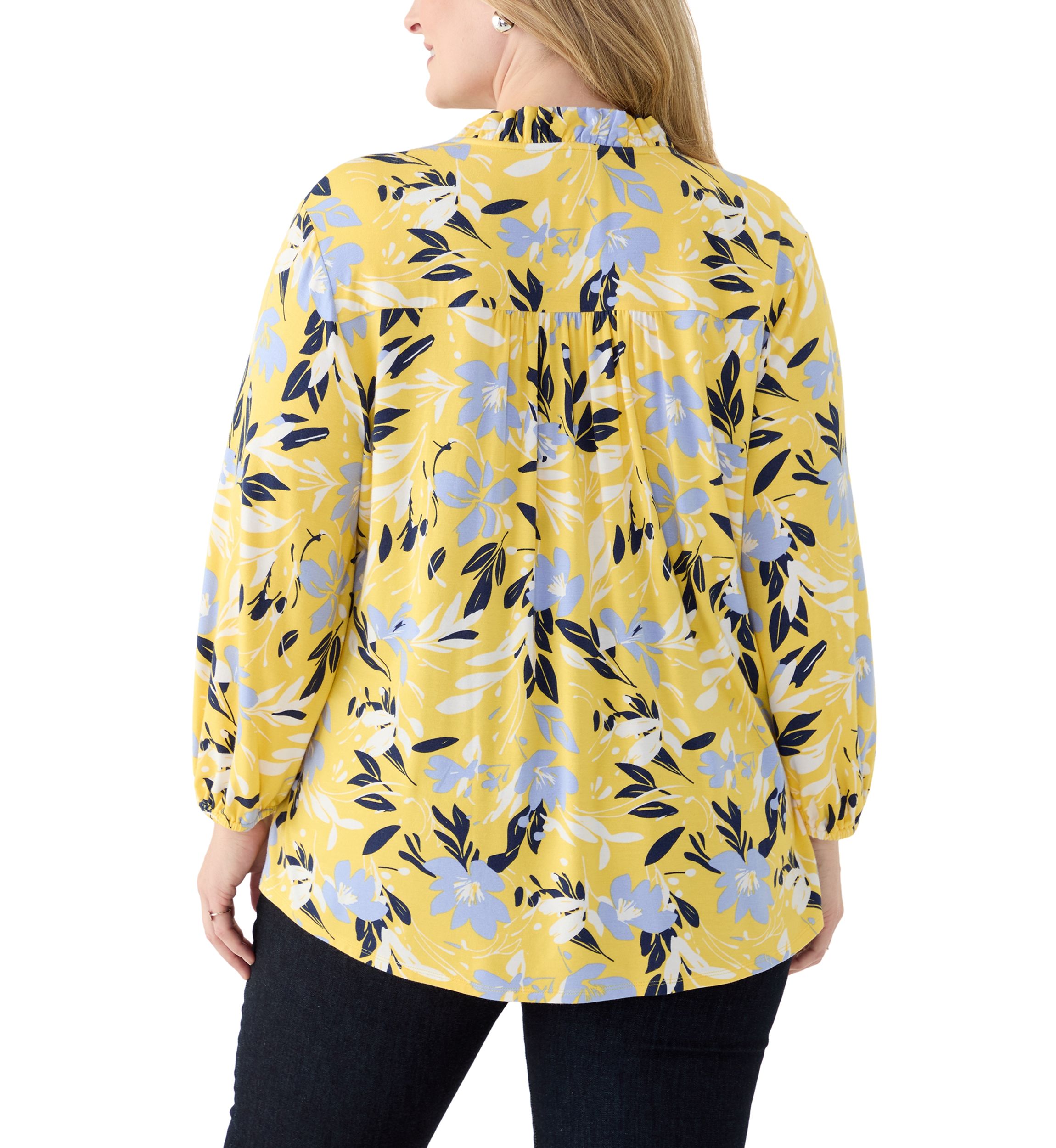 Plus Size 3/4 Sleeve Split Neck Printed Peasant Top 