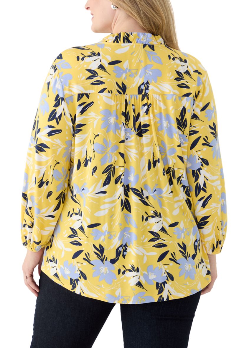 Plus Size 3/4 Sleeve Split Neck Printed Peasant Top 