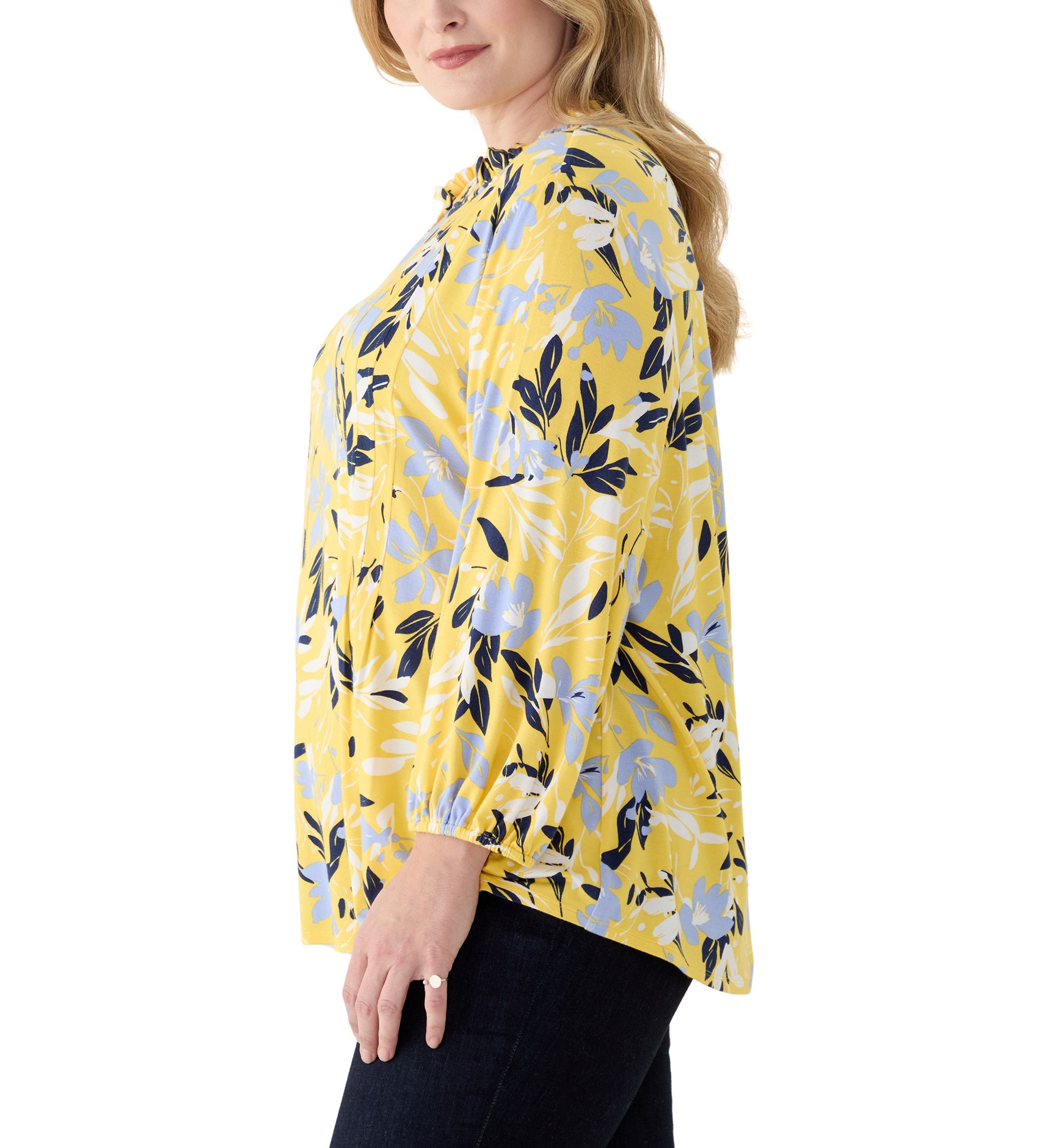 Plus Size 3/4 Sleeve Split Neck Printed Peasant Top 