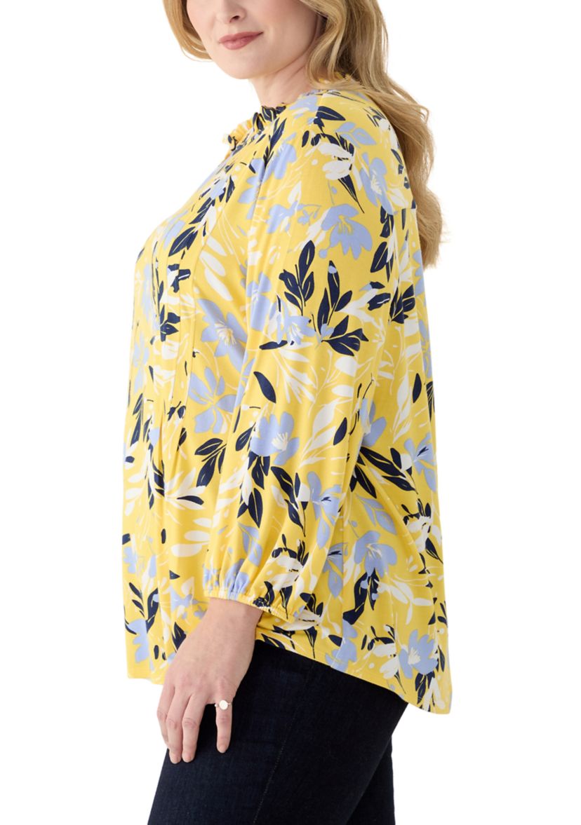 Plus Size 3/4 Sleeve Split Neck Printed Peasant Top 