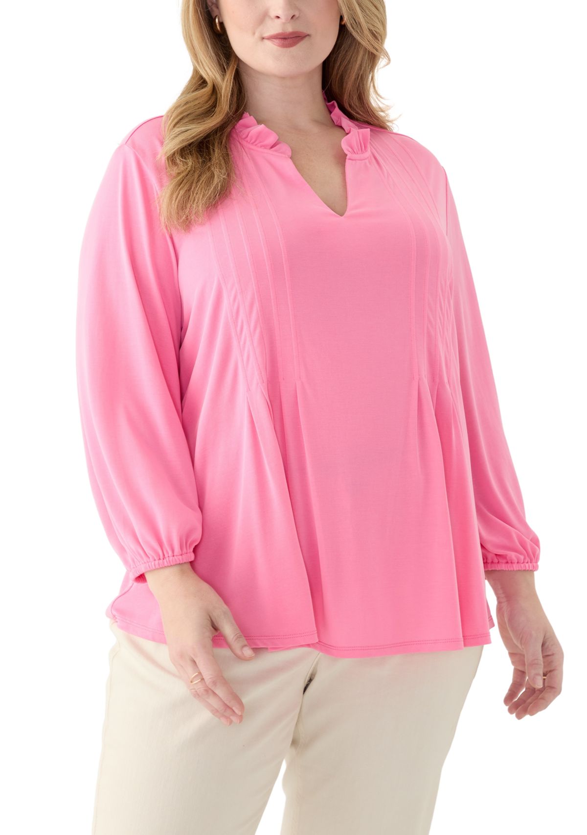 Plus Size 3/4 Sleeve Split Neck Peasant Top 