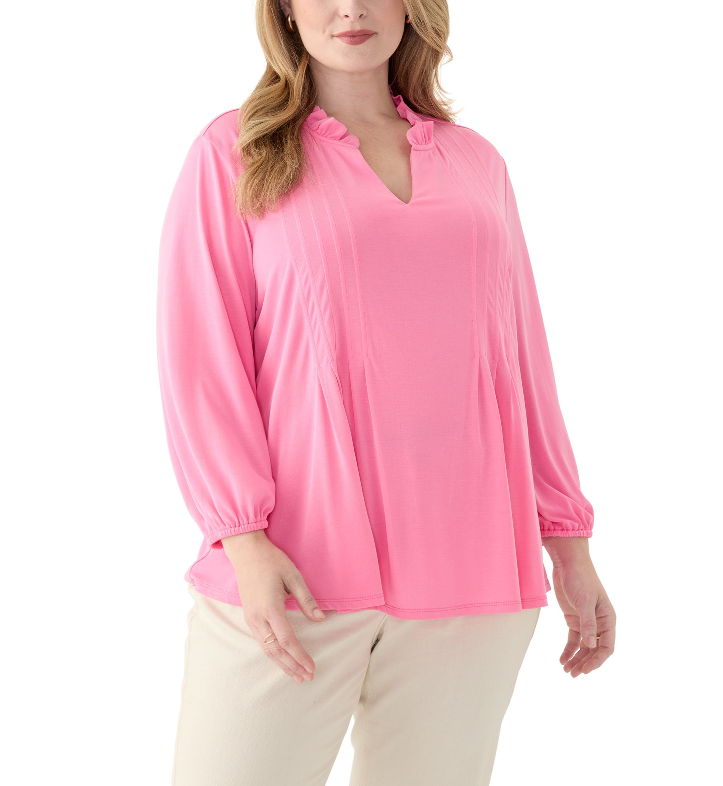 Plus Size 3/4 Sleeve Split Neck Peasant Top 