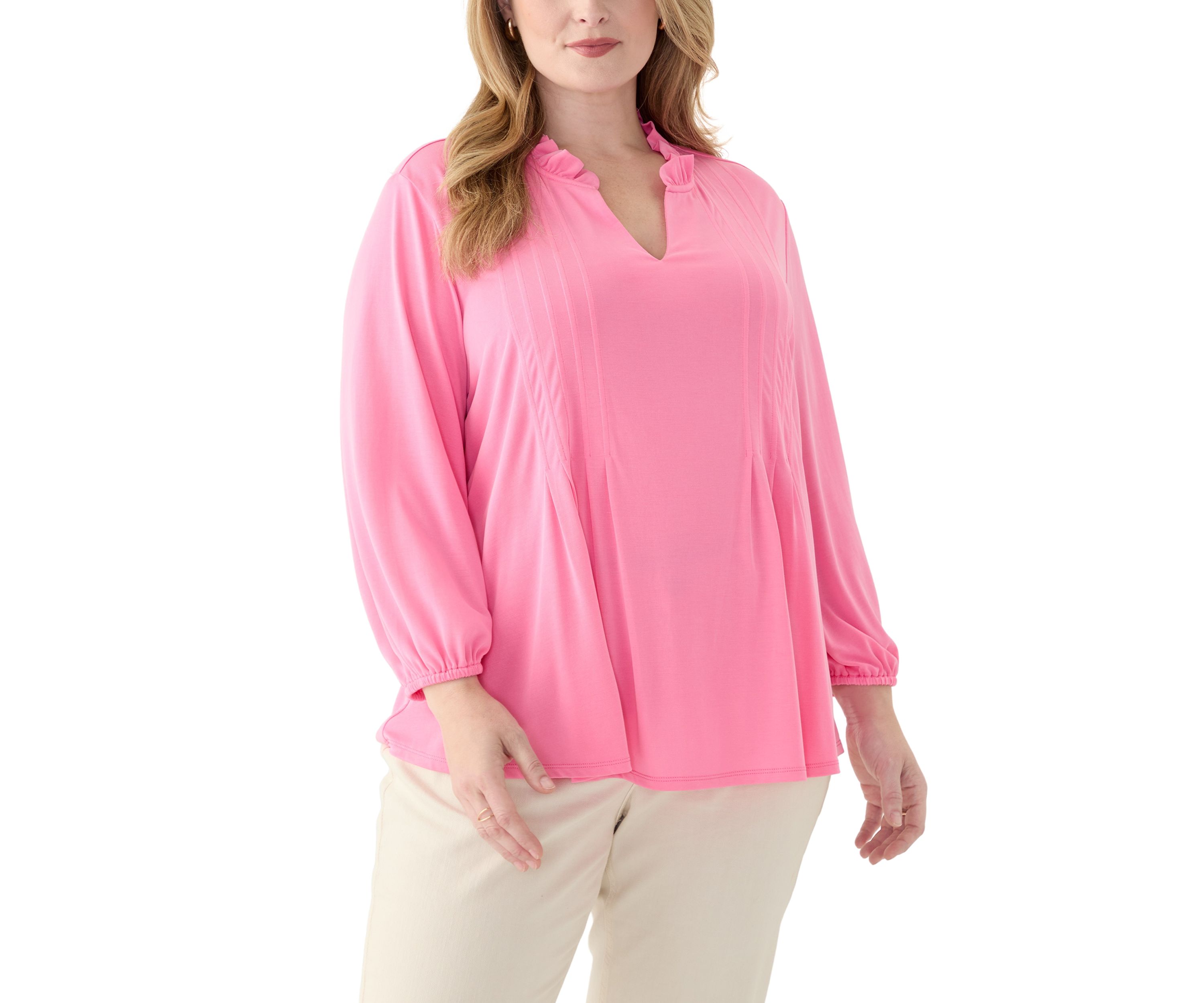 Plus Size 3/4 Sleeve Split Neck Peasant Top 