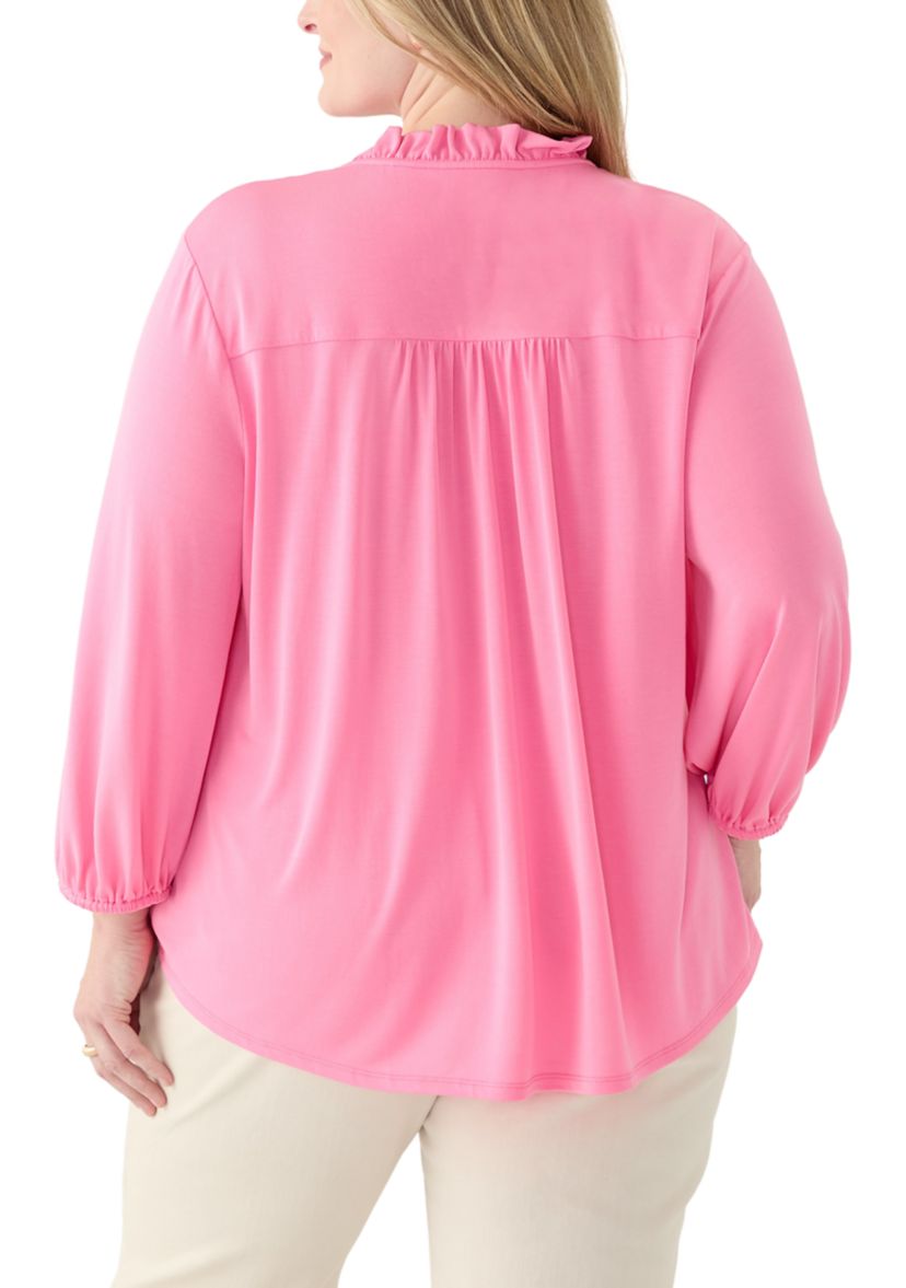 Plus Size 3/4 Sleeve Split Neck Peasant Top 