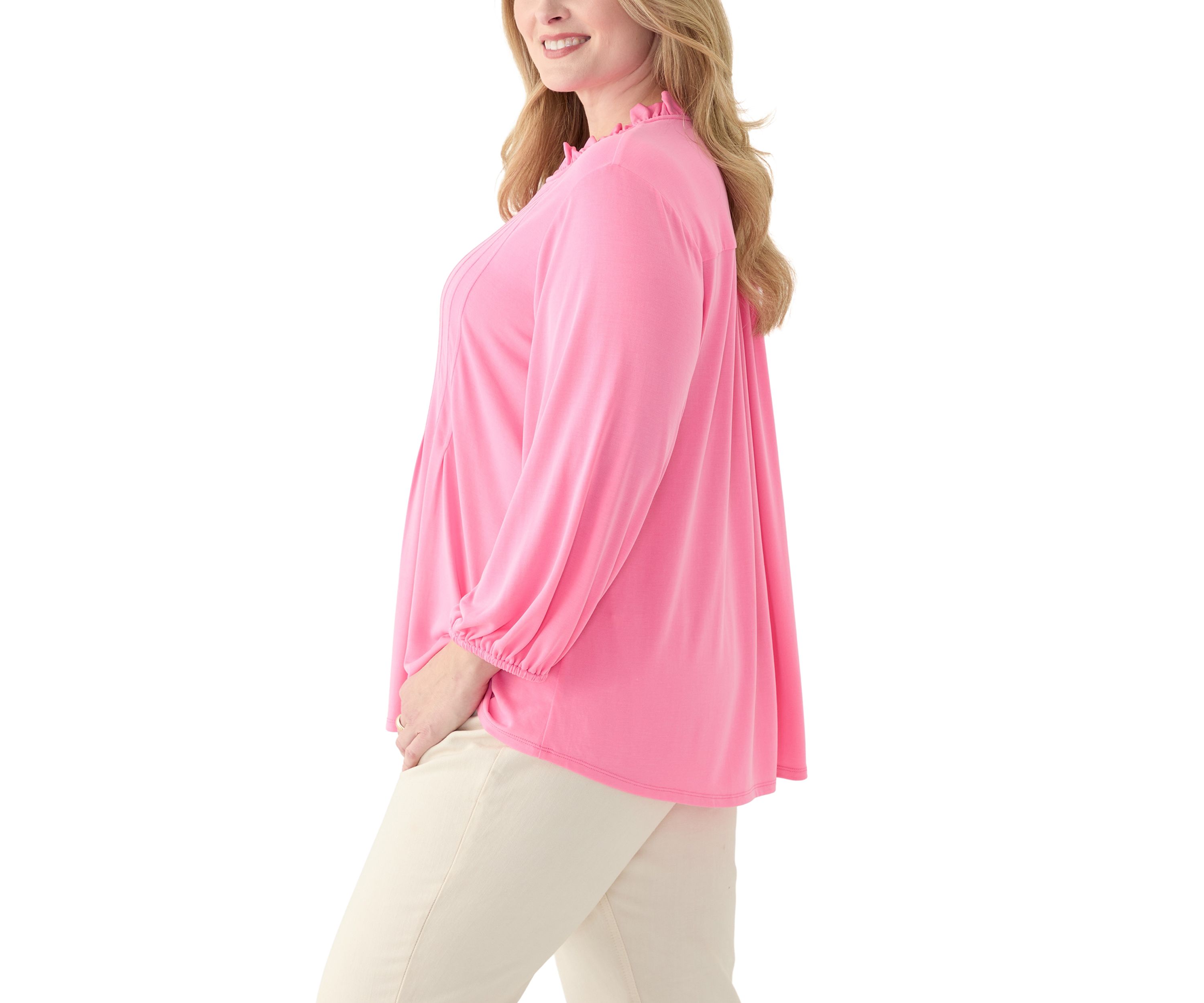 Plus Size 3/4 Sleeve Split Neck Peasant Top 