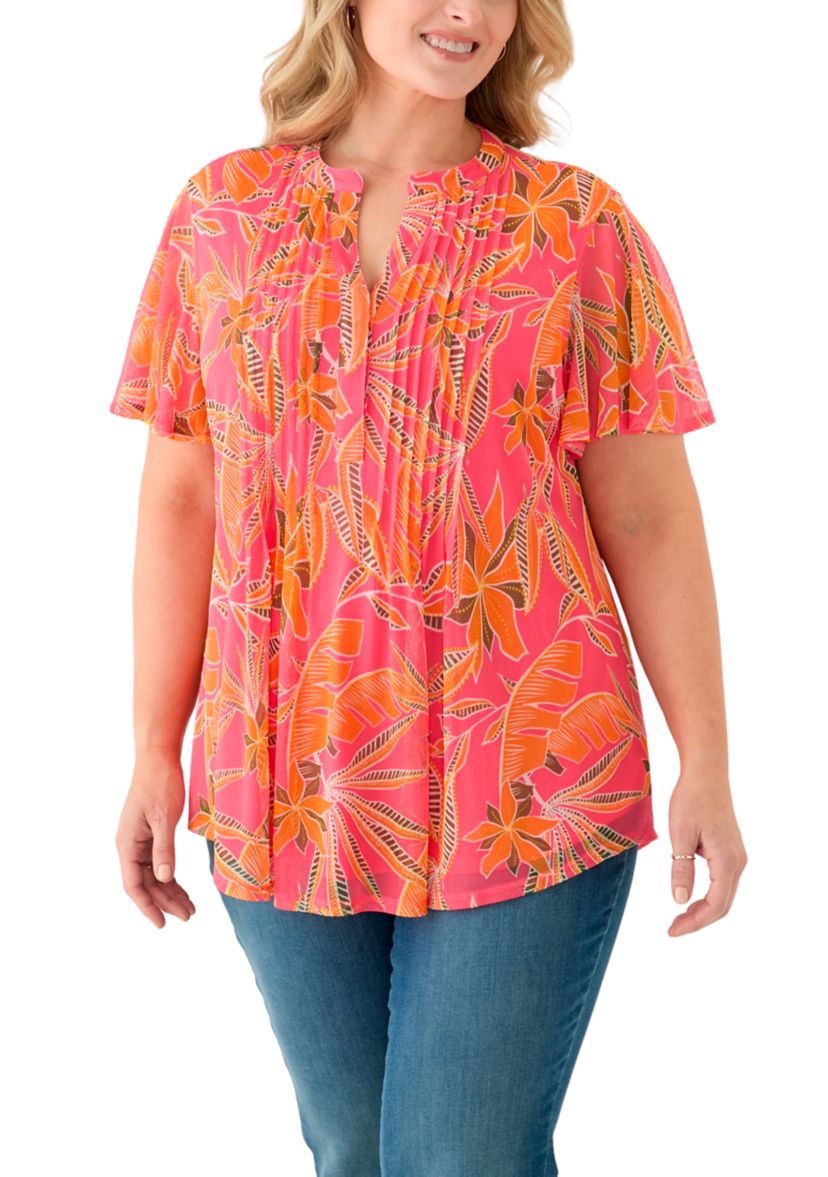 Plus Size Mesh Printed Blouse