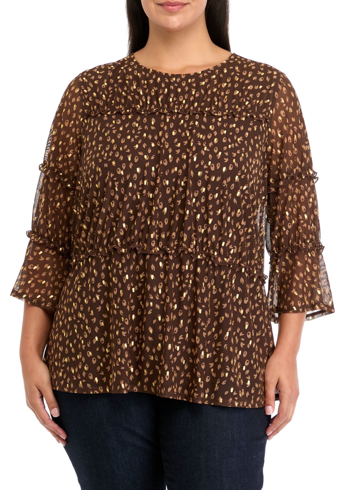 Plus Size Printed Mesh Tiered Blouse
