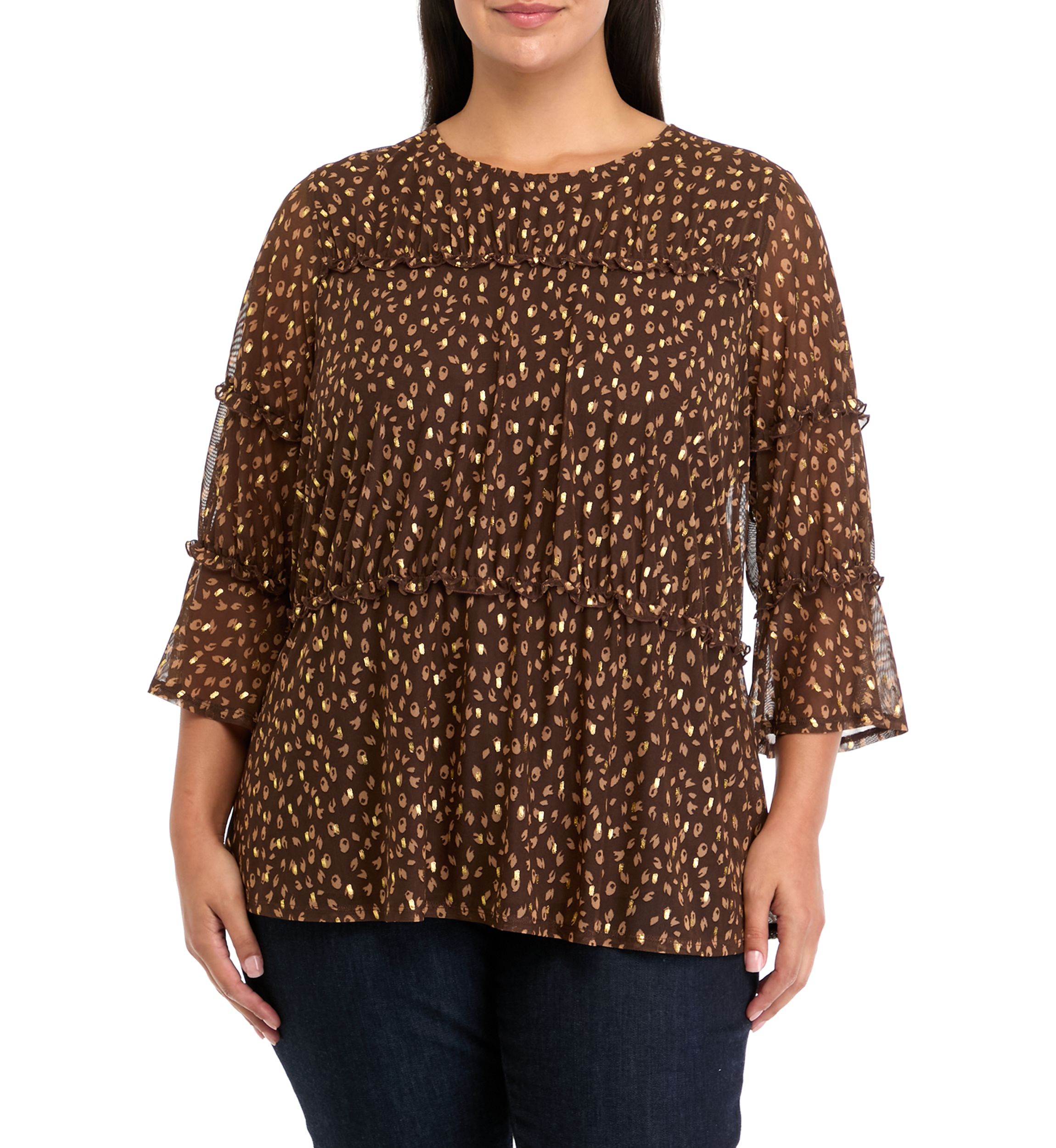Plus Size Printed Mesh Tiered Blouse