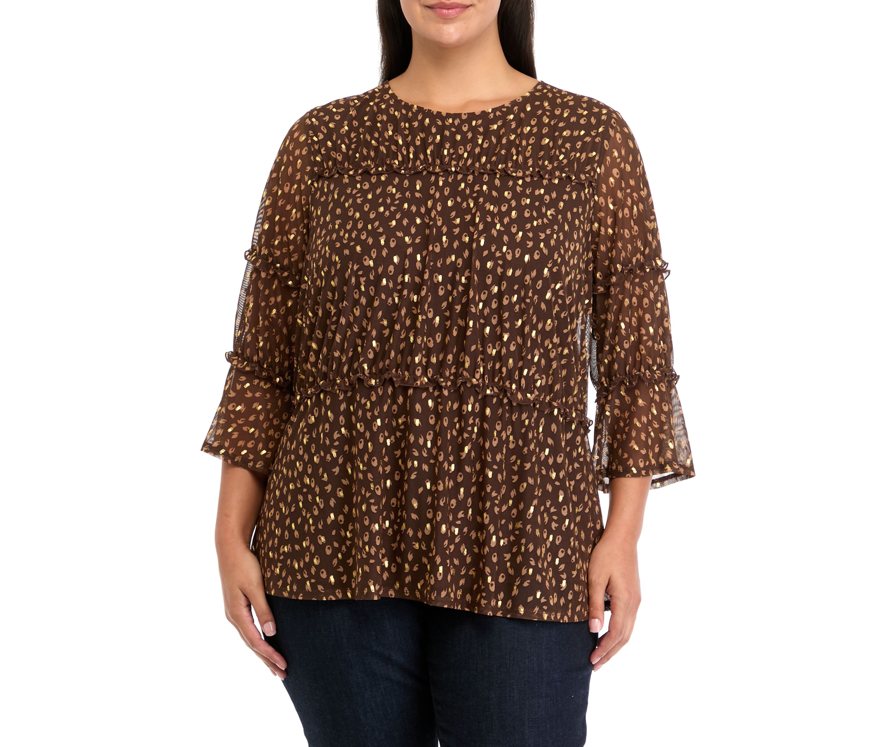 Plus Size Printed Mesh Tiered Blouse