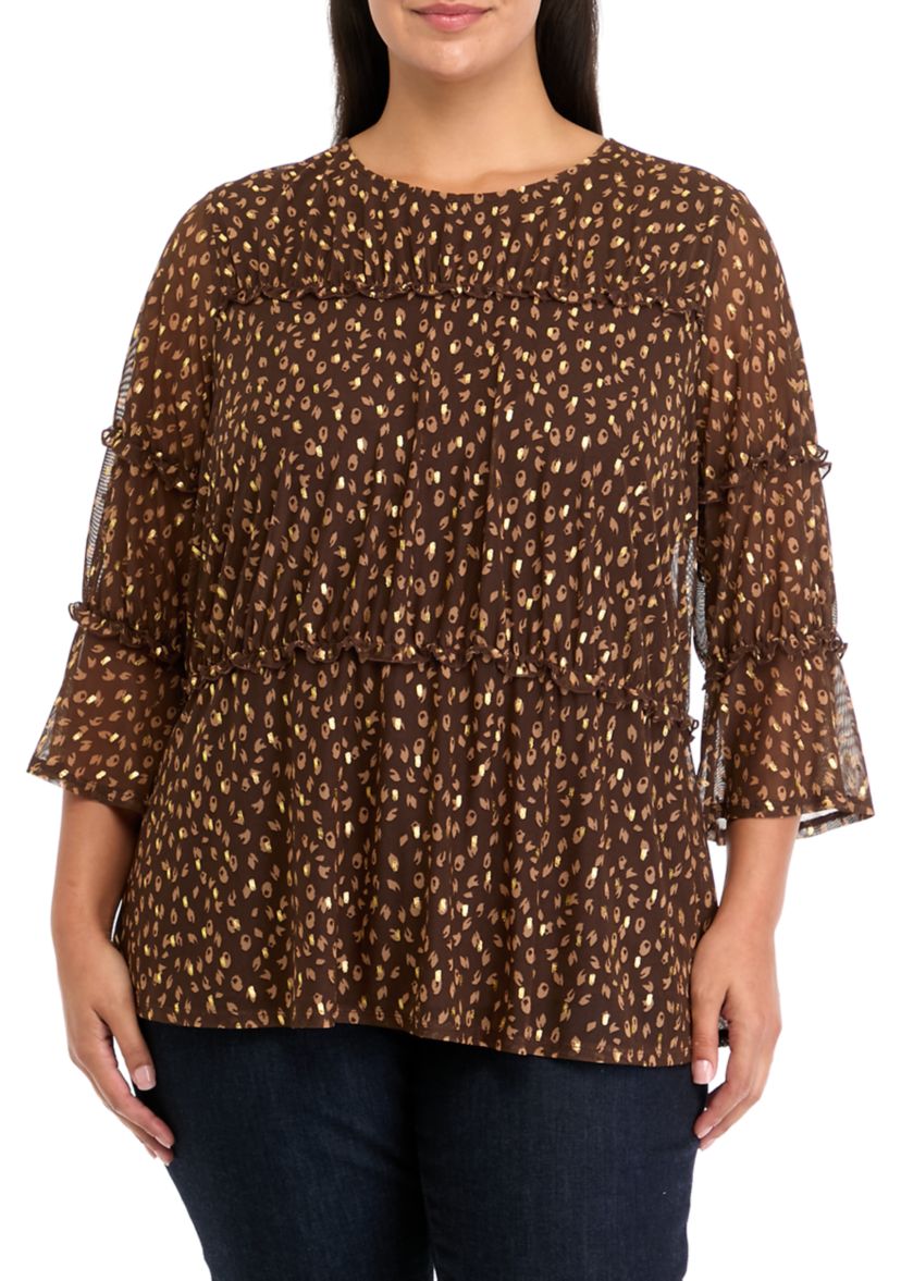 Plus Size Printed Mesh Tiered Blouse