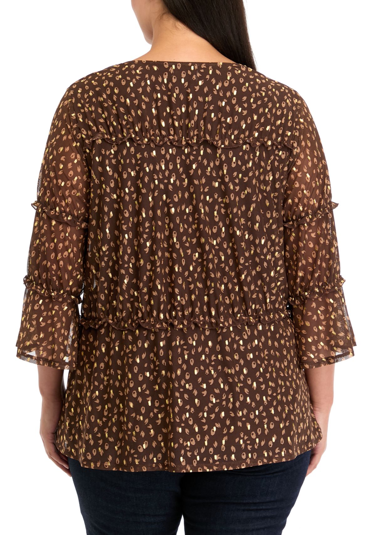 Plus Size Printed Mesh Tiered Blouse