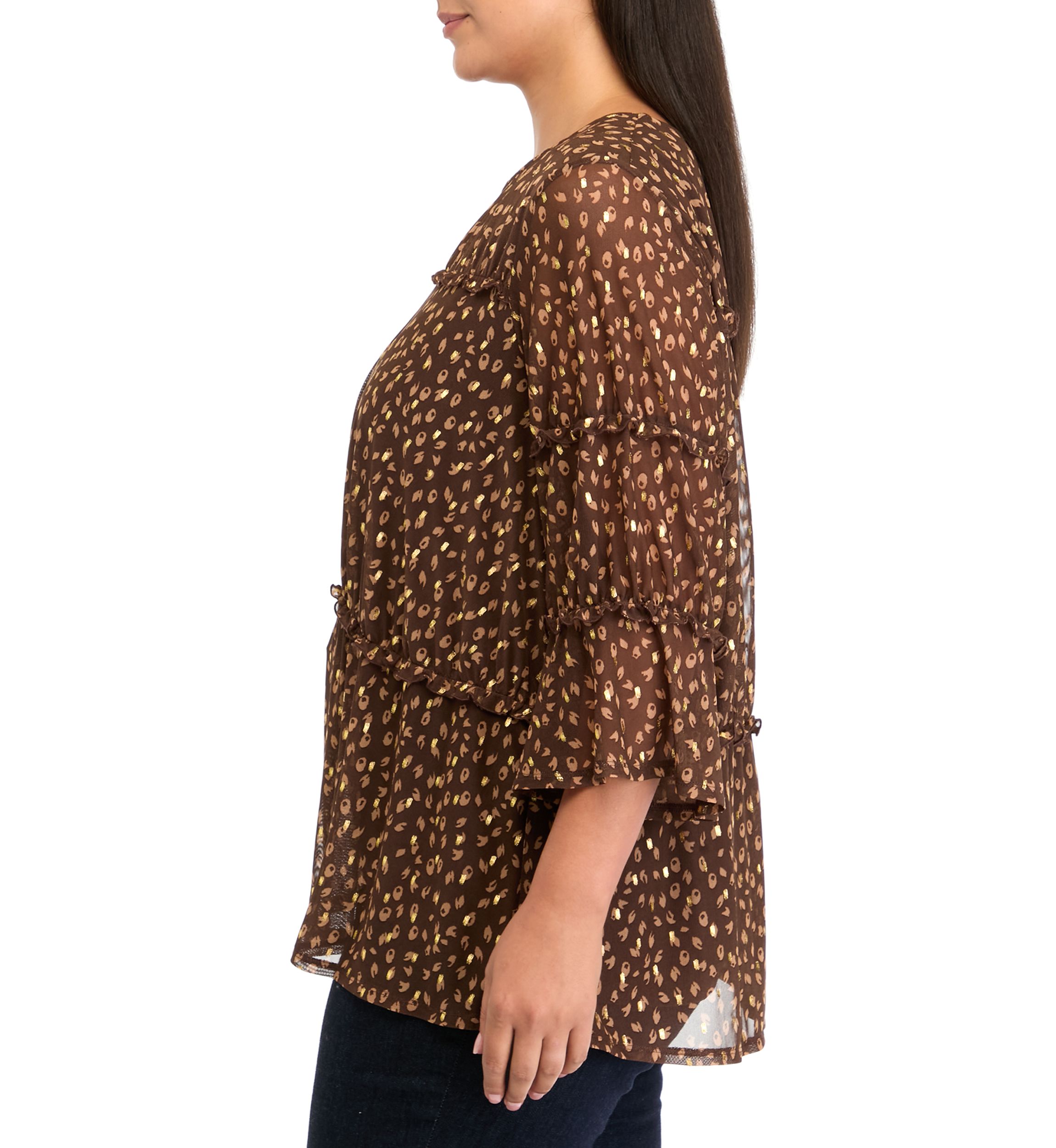 Plus Size Printed Mesh Tiered Blouse