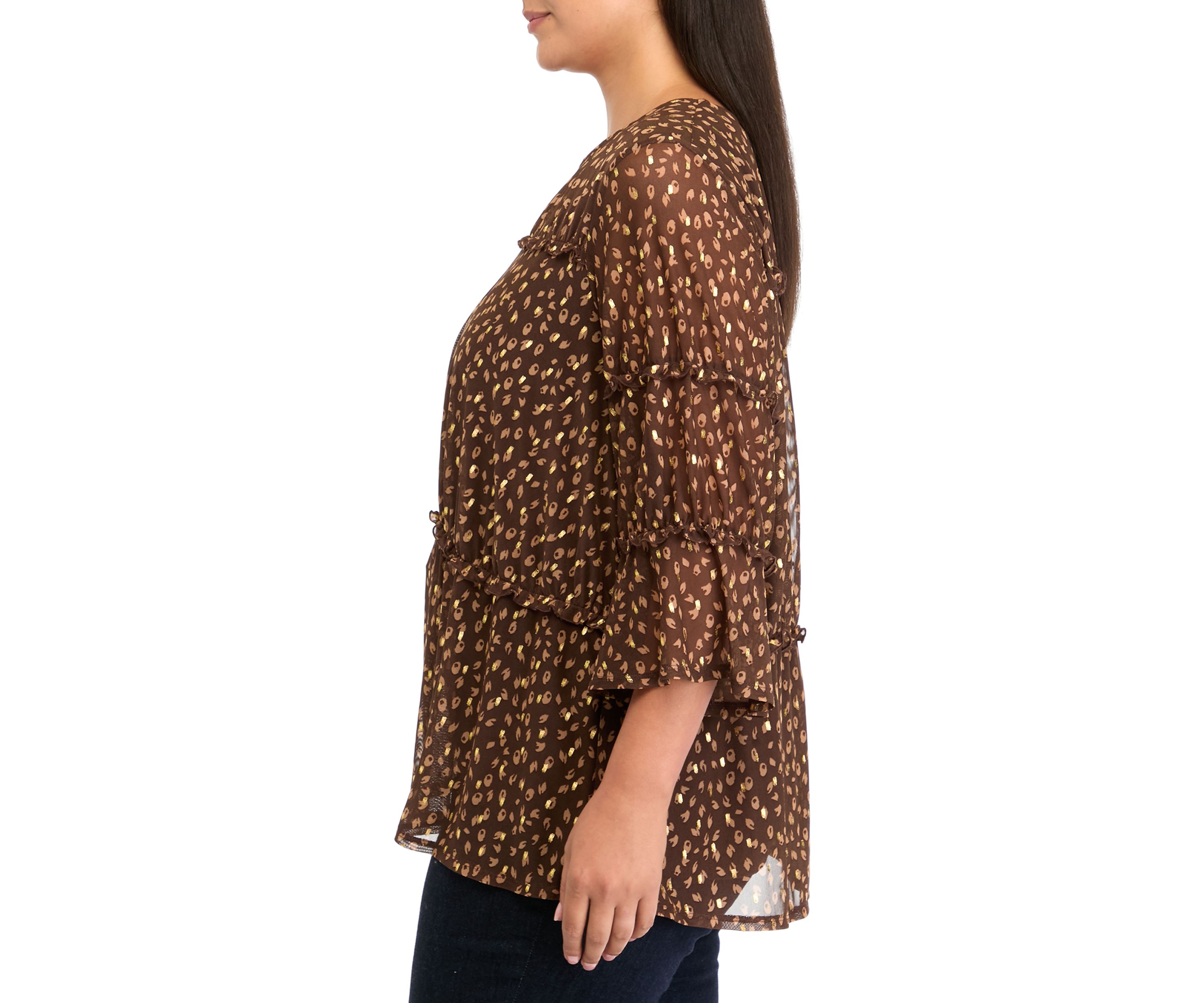 Plus Size Printed Mesh Tiered Blouse