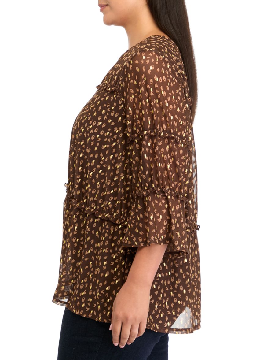 Plus Size Printed Mesh Tiered Blouse