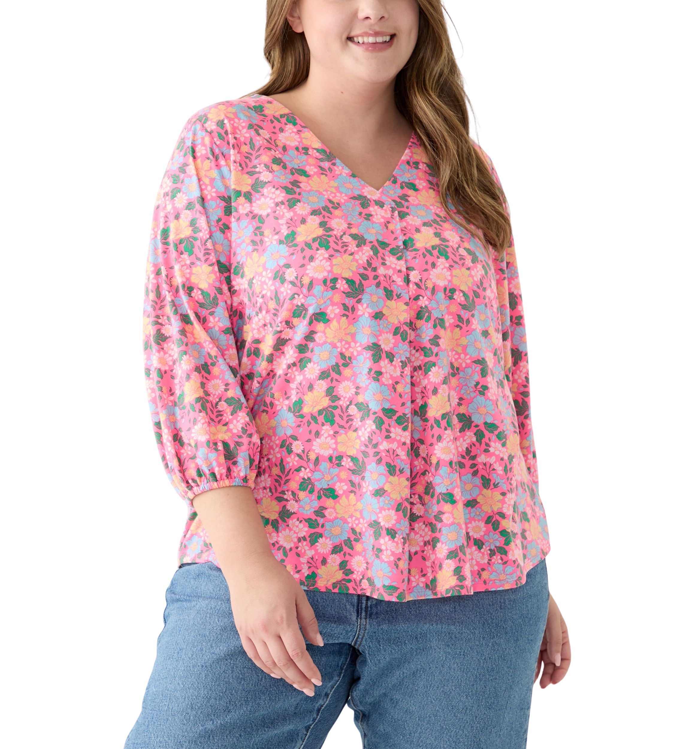 Plus Size Printed Pleated V-Neck Top