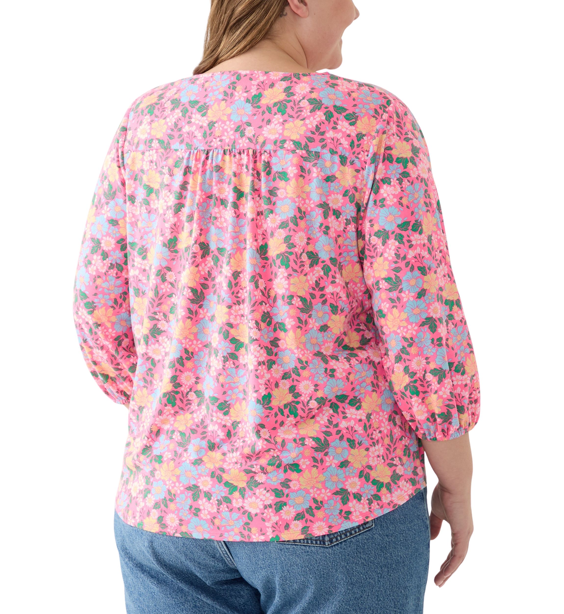 Plus Size Printed Pleated V-Neck Top